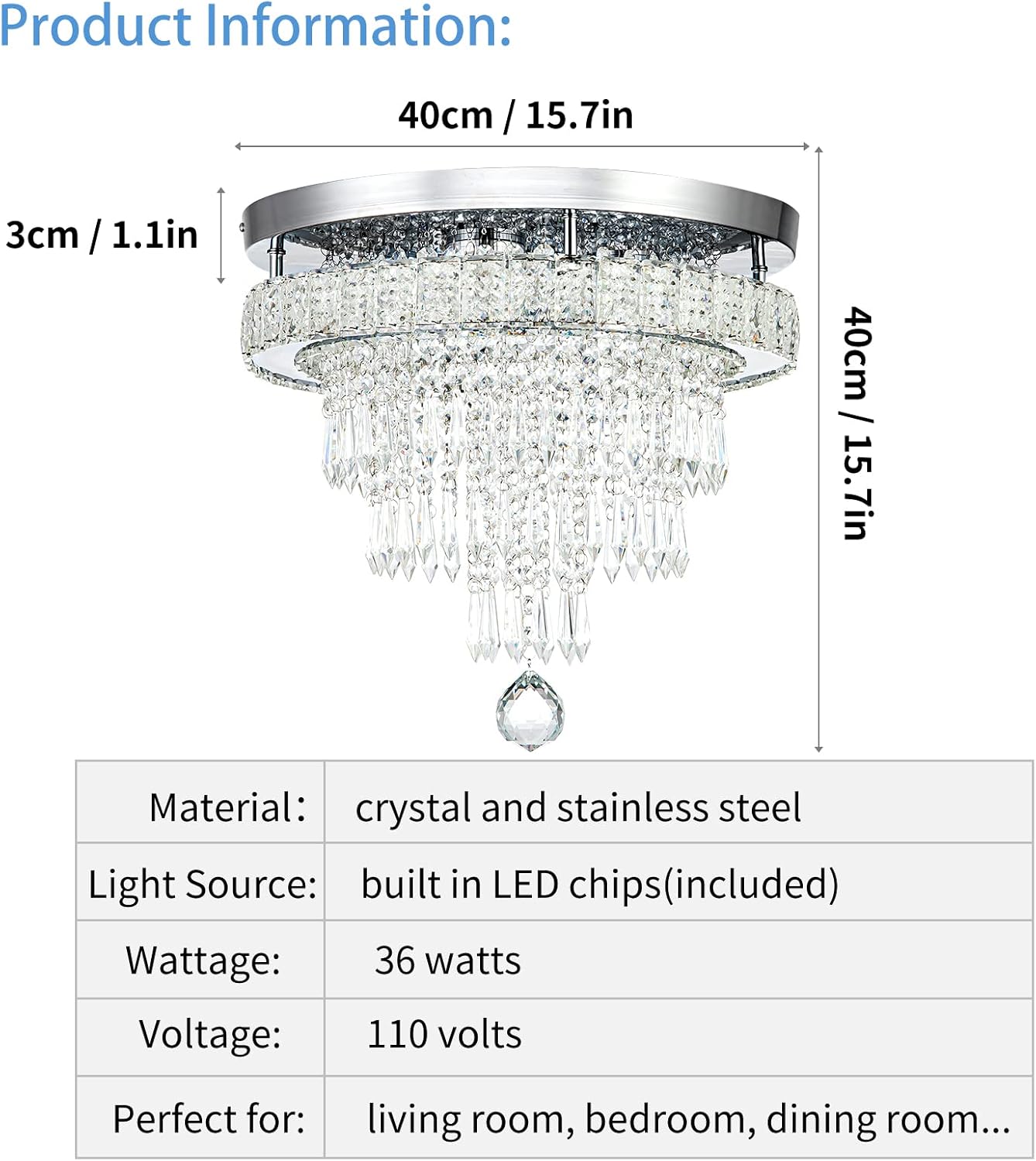16“ Crystal Chandeliers Light Flush Mount Ceiling Light Fixtures Round Modern LED Chandelier for Living Room Bedroom Dining Room Closet Hallway (Cool White)