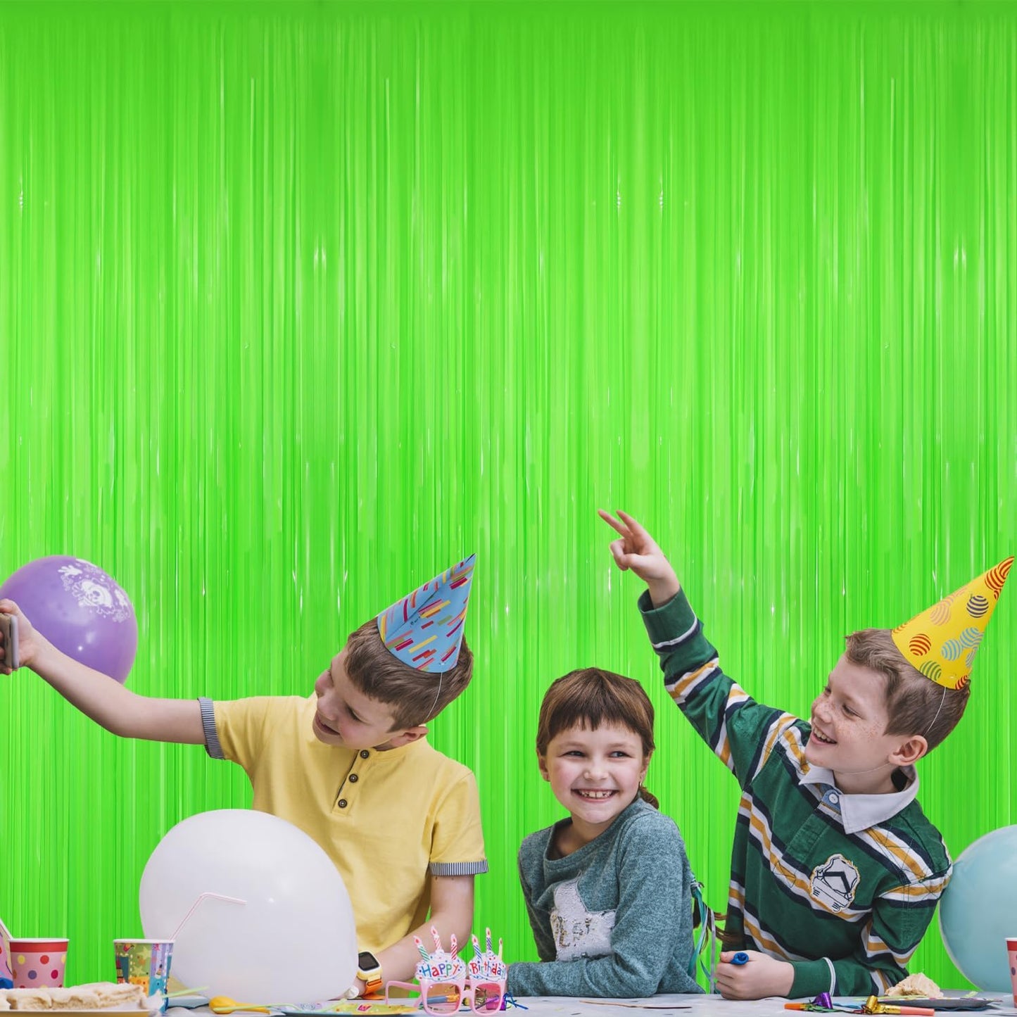 GOER 6.4 ft x 8.2 ft Metallic Tinsel Foil Fringe Curtains Party Photo Backdrop Party Streamers for Birthday,Graduation,New Year Eve Decorations Wedding Decor(2 Packs,Candy Lime Green)