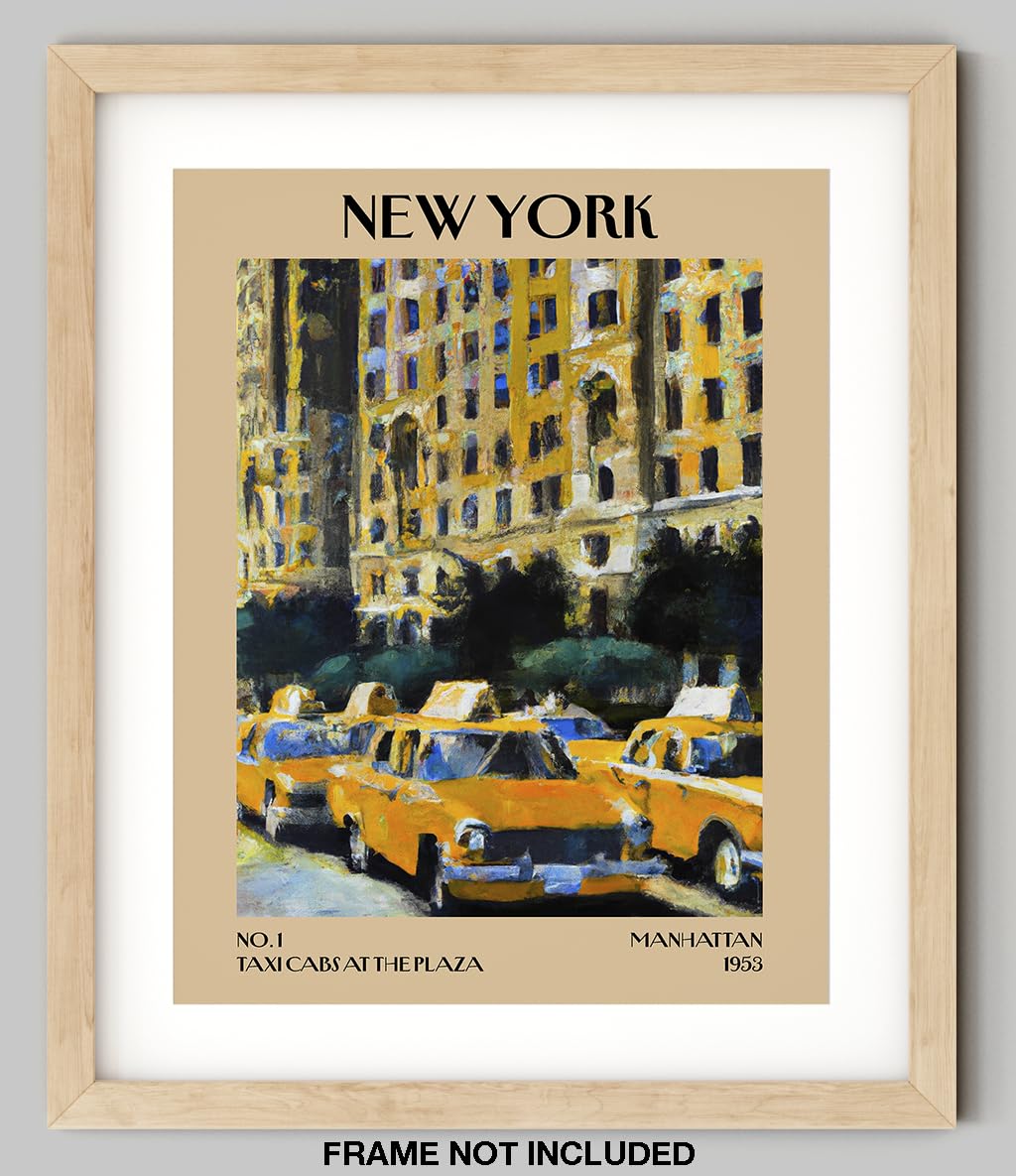 Retro Vintage New York Wall Art Print - 11x14 Unframed Poster - New York City Souvenirs, Cute Trendy Colorful Wall Decor (Taxi Cabs at the Plaza, 11x14")