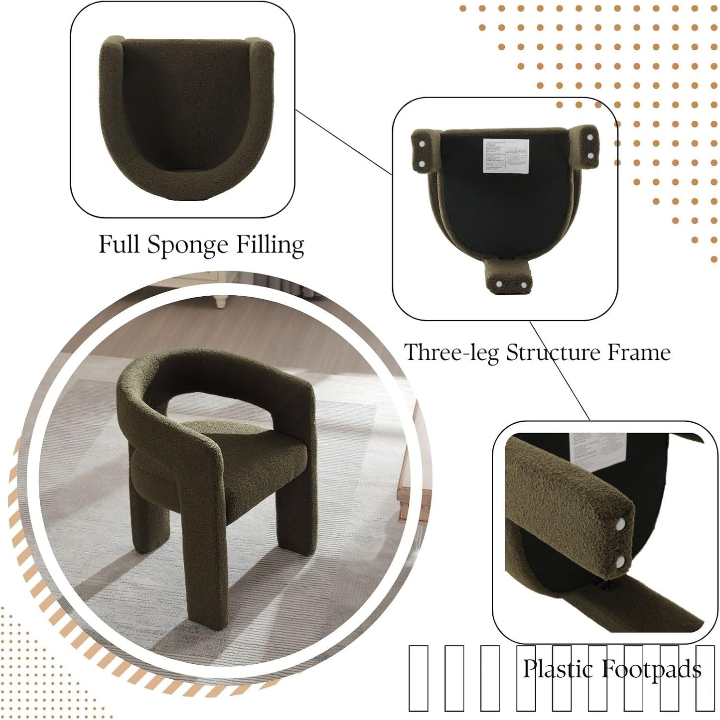 Green Sherpa Dining Chairs Set of 2, Modern Barrel Dining Room Chairs Upholstered Faux Fur Accent Chair with Arms and Round Back for Living Room Kitchen Armchair No Assembly Needed