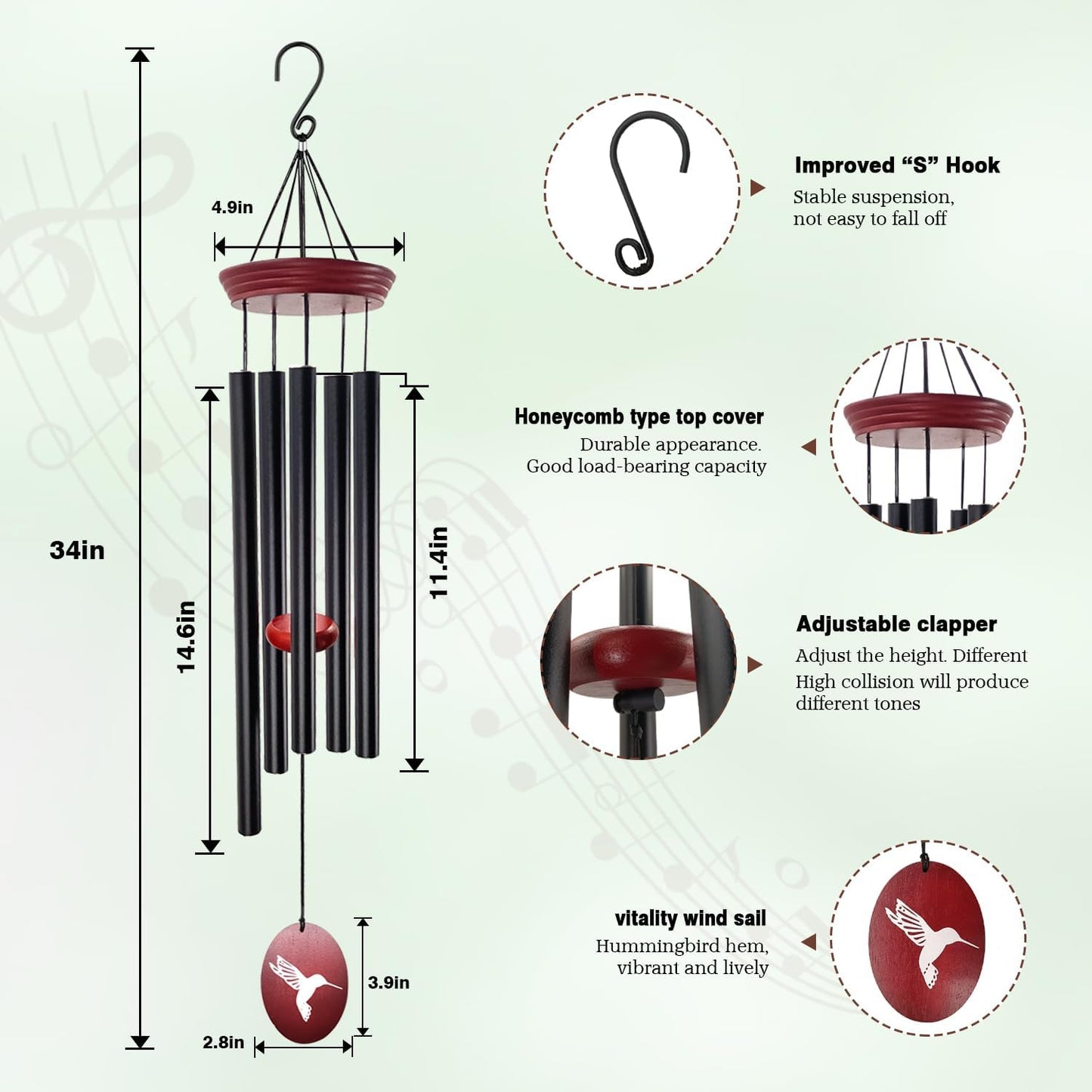 Hummingbird Wind Chimes – 33" Outdoor Tuned Melody Wind Chime, Soothing Memorial Gift for Mom & Grandma, Weather-Resistant Metal Chimes for Garden, Patio, Yard & Home Décor