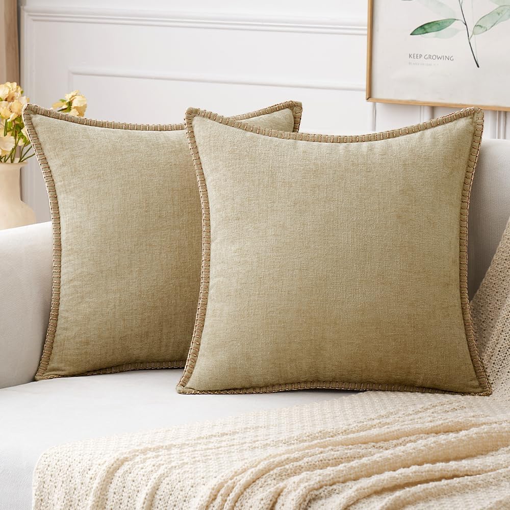 MIULEE Pack of 2 Couch Throw Pillow Covers 18x18 Inch Beige Farmhouse Decorative Pillow Covers with Stitched Edge Soft Chenille Solid Dyed Spring Pillow Covers for Sofa Bed Living Room