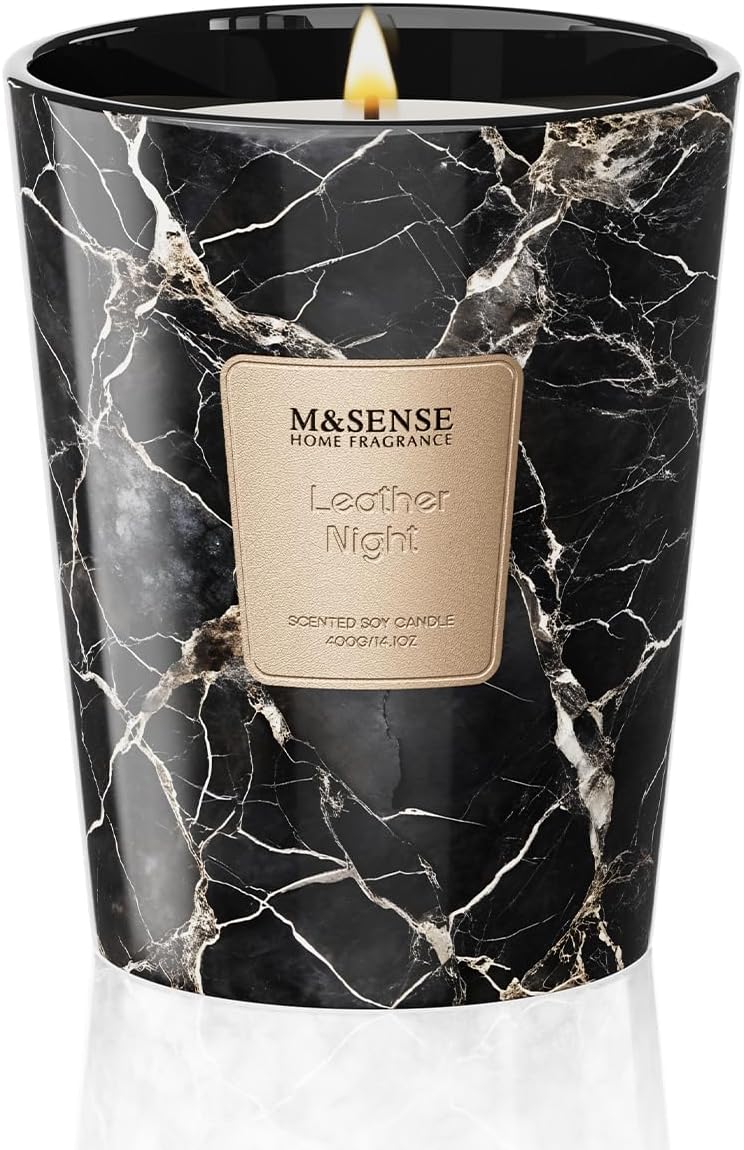 M&SENSE LeatherNight Scented Candles for Home, Lead-Free Wick Highly Scented Jar Candles, 14.1 Oz 80 Hours Lasting Burning Candles Gifts for Women, Relaxing Aromatherapy Candle for Stress Relief