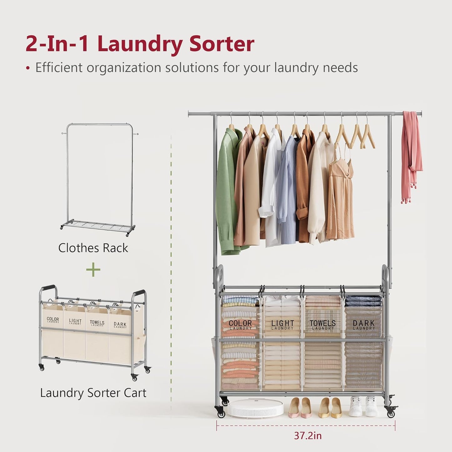Tajsoon Laundry Hamper with Hanging Rack, Laundry Sorter 4 Sections, 4 Basket Butler with Lockable Wheels and Removable Bag, Rolling Laundry Cart for Bedroom, Beige