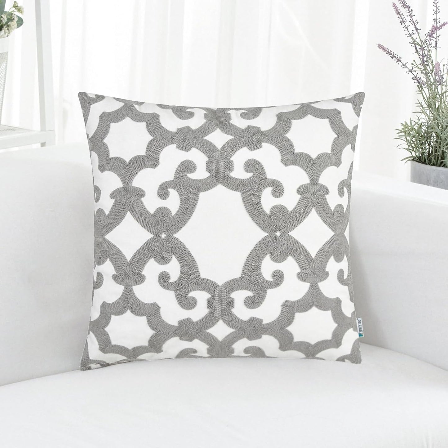 HWY 50 Grey Gray Decorative Throw Pillow Covers 18x18 Inch (1 Piece), Embroidered Cotton Farmhouse Cushion Cover Pillow Case for Sofa Couch Living Room Bed, Geometric