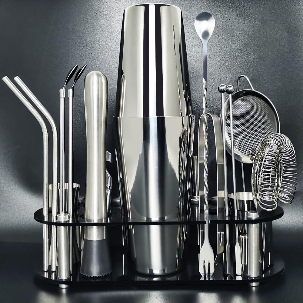 22-Piece Cocktail Shaker Set, 25/20oz Bartender Kit, Bartending Stainless Steel Bar Tools Sets for Drink Mixing, Boston Cocktail Shakers with Stand Recipes Booklet (Siver 25-20oz)