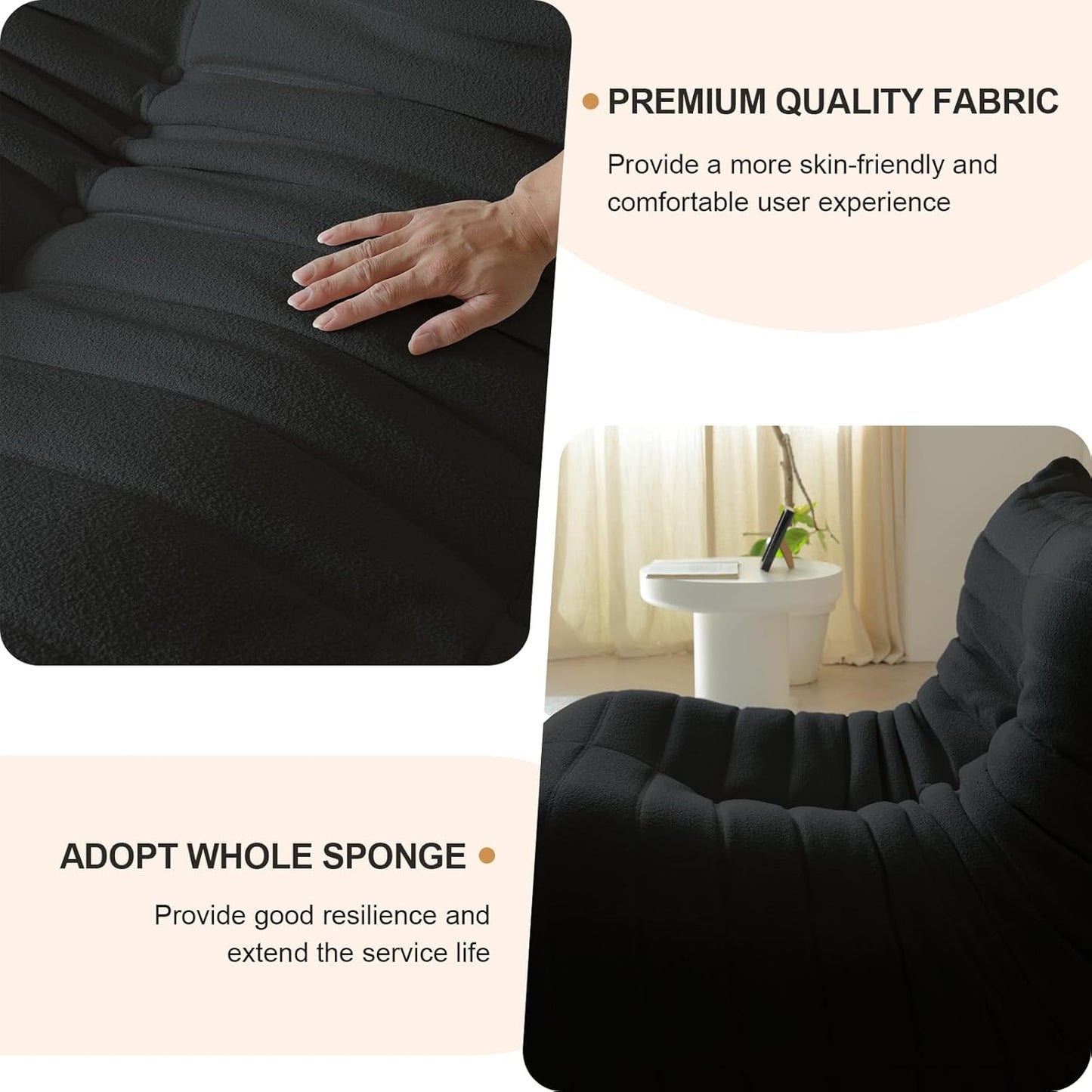 Luxury Ottomans, Modern Square Foot Rest for Sofa Couch Chair, Lazy Floor Seating, Fireside Bean Bag Chair, Tatami Sofa Lounger for Living Room, Bedroom, Office, Black