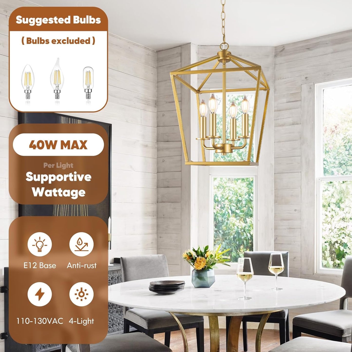 Farmhouse Chandelier 4-Light, Gold Pendant Light Fixture for Kitchen Island Dining Room, Lantern Industrial Lighting Ceiling Hanging with Metal Cage Adjustable Height for Entryway Foyer