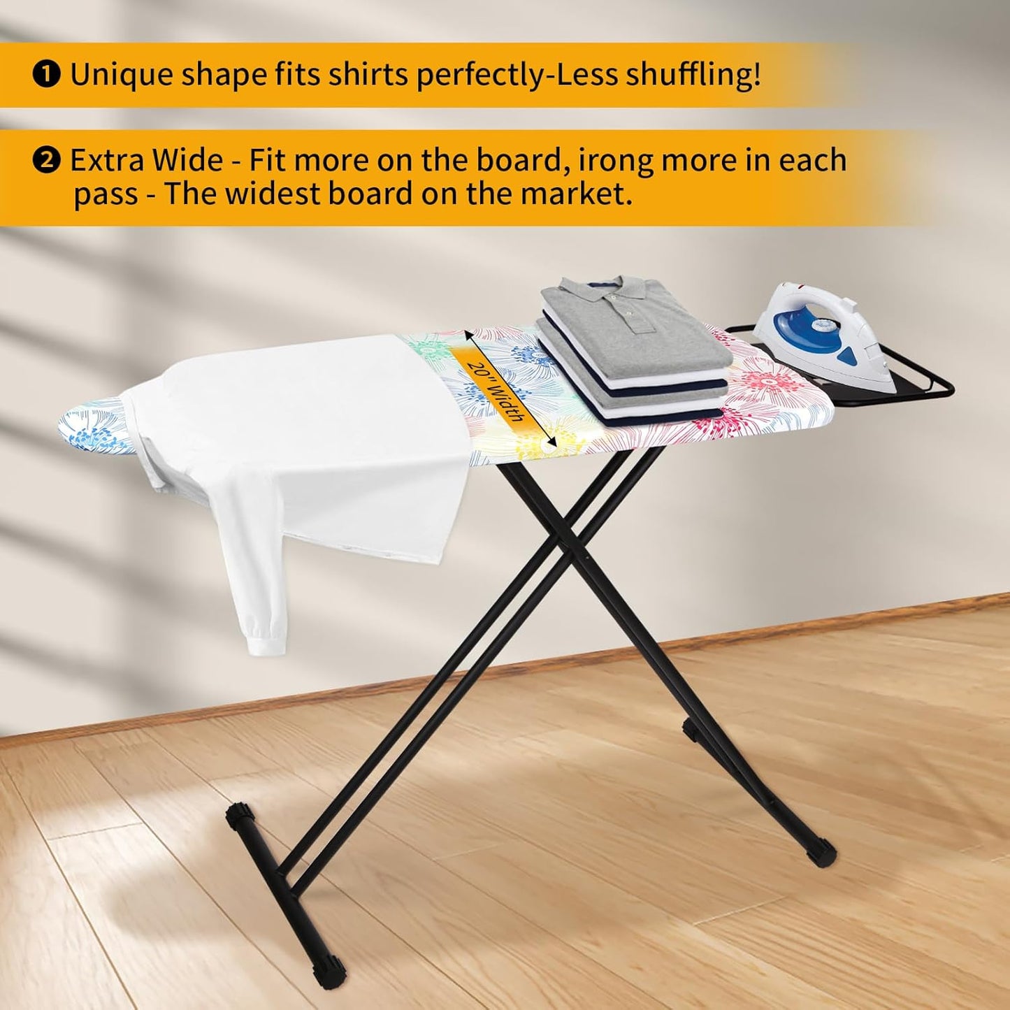 Extra Large Ironing Board with Hang Rail and Iron Rest 63" L x 20" W (Large with Iron Rest (Floral Cover))