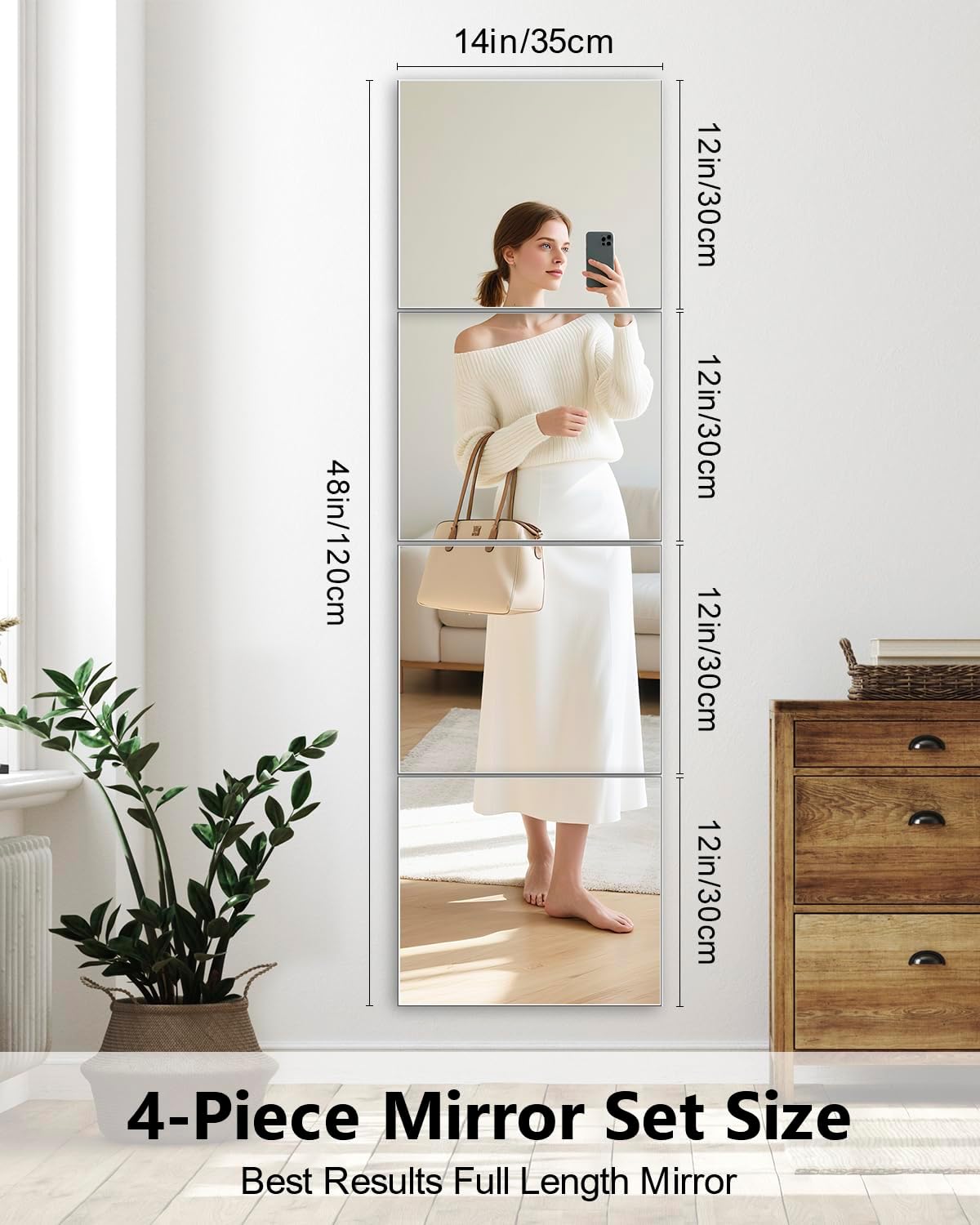 Full Length Wall Mirror Tiles, 12'' x 14'' x 4PCS, Acrylic Unbreakable Full Body Mirror for Bedroom Squares Shatterproof Mirror Sheets Wall Mounted for Home Gym Door