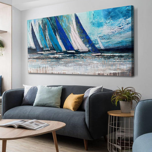 Arjun Blue Abstract Wall Art Canvas Teal Ocean Sailboat Picture Modern Turquoise Coastal Nautical Painting Large 48"x24" Framed Textured Artwork for Living Room Bedroom Bathroom Home Office Wall Decor