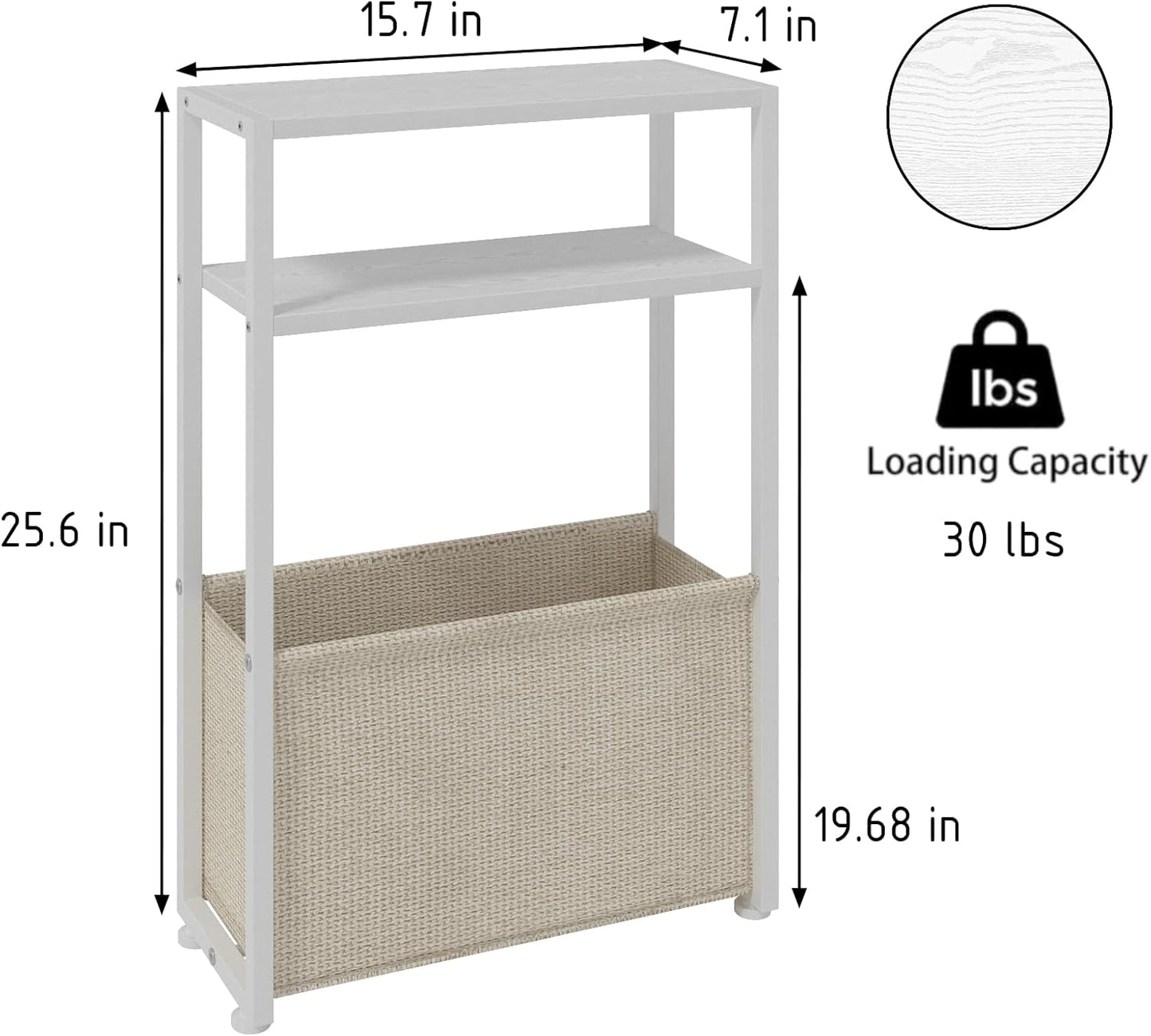 Narrow Side Table, Slim End Tables with Fabric Basket, Skinny Table for Small Spaces, Thin Bedside Table for Living Room, Bedroom (1, White + Camel Brown)