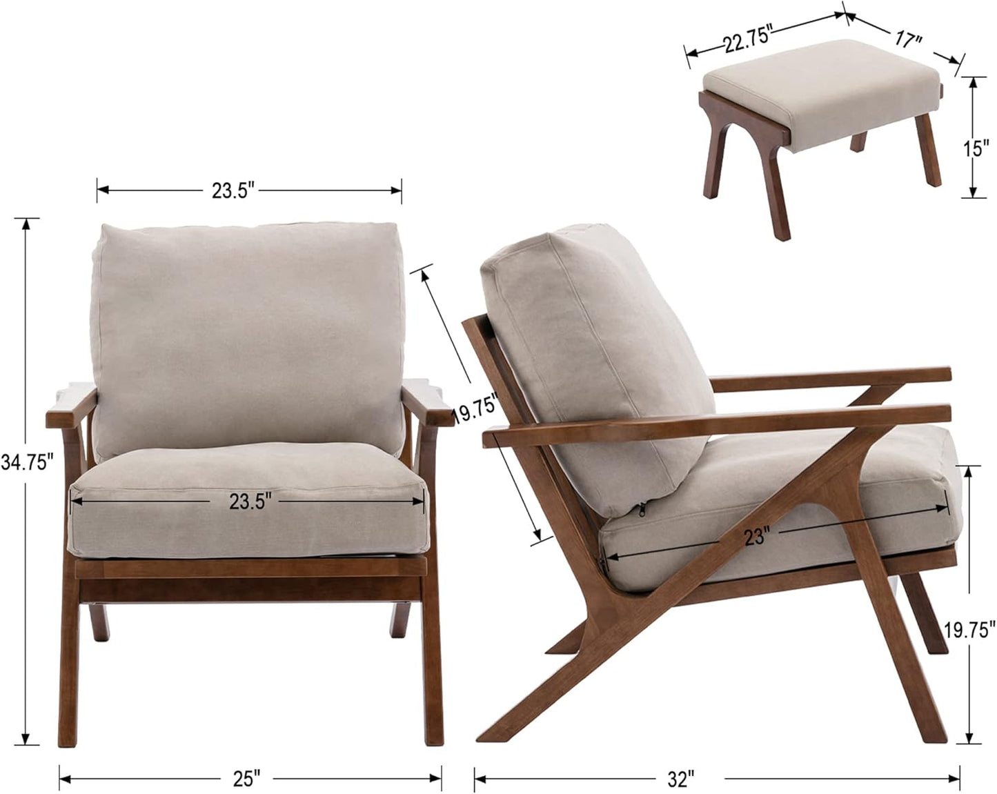 chairus Mid-Century Modern Accent Chair with Ottoman, Linen Fabric Armchair with Wood Legs Comfy Upholstered Single Sofa Chair for Living Room/Bedroom/Lounge, Beige