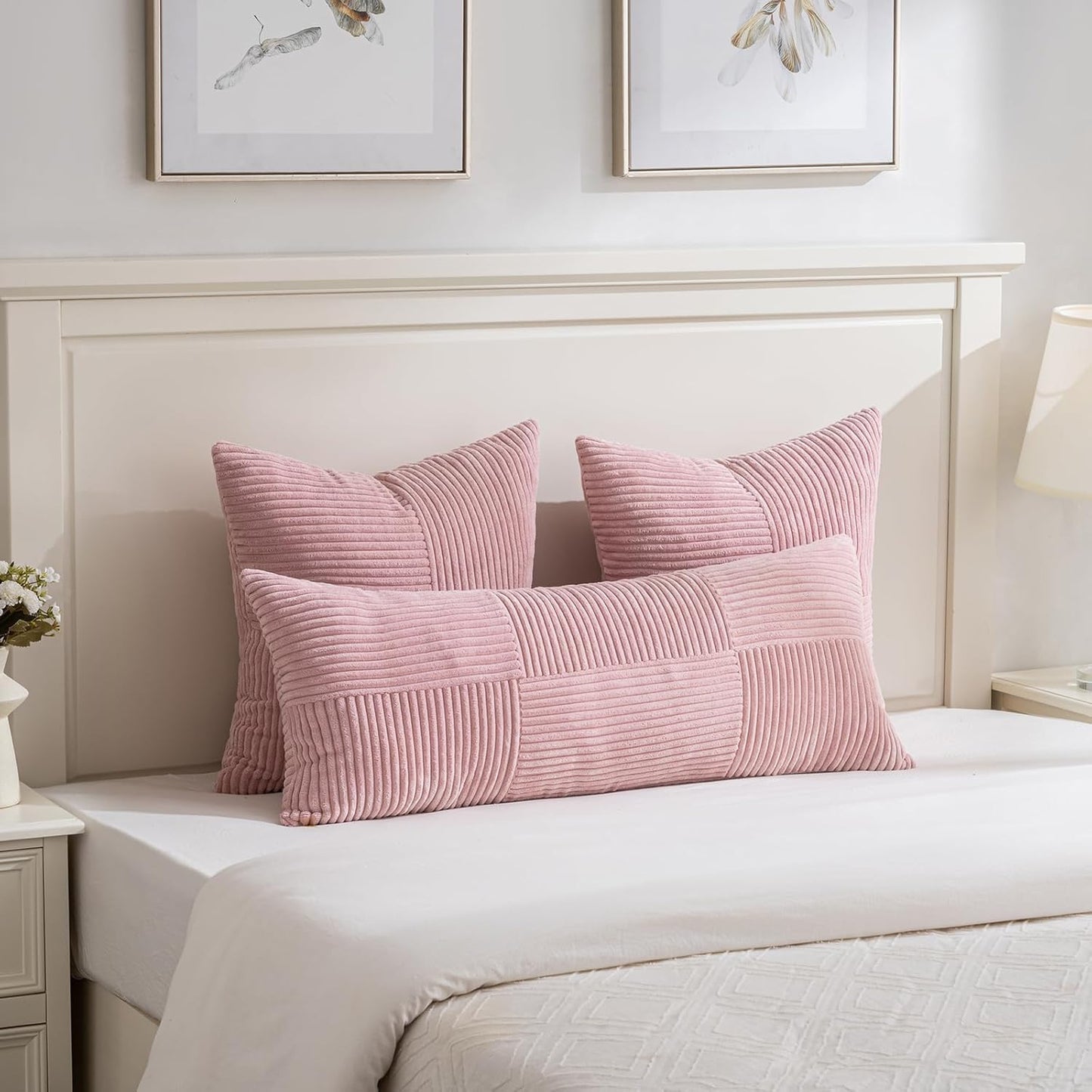 Fancy Homi 2 Packs Blush Pink Euro Decorative Throw Pillow Covers 28x28 Inch for Couch Bed Sofa, Farmhouse Boho Home Decor, Soft Corss Corduroy Patchwork Textured Square Cushion Case 71x71 cm