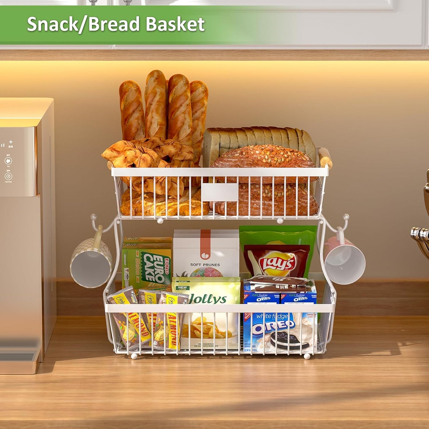 2 Tier Fruit Basket for Kitchen Counter with 2 Banana Hangers, Countertop Metal Fruit Bowl with Wooden Handle, Large Storage Stand for Vegetables, Snacks, Breads, Produce Storage – White