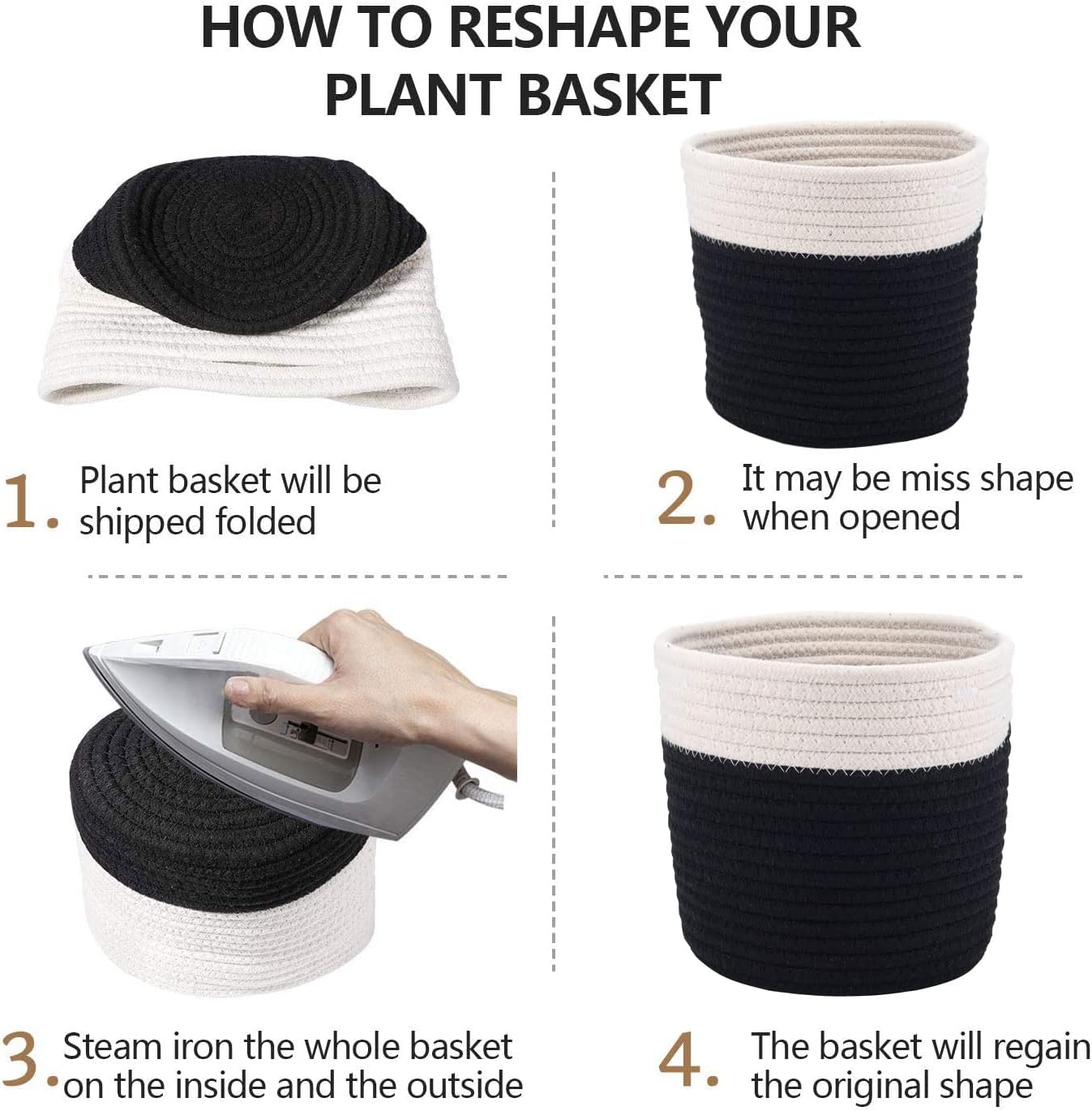 6.5 inch Planter Baskets for Indoor Planters Cotton Rope Flower Plant Pots Cover,Woven Storage Baskets for Crafts,Organization Modern Home Decor H6 3/4" x W6 1/2" Black&White