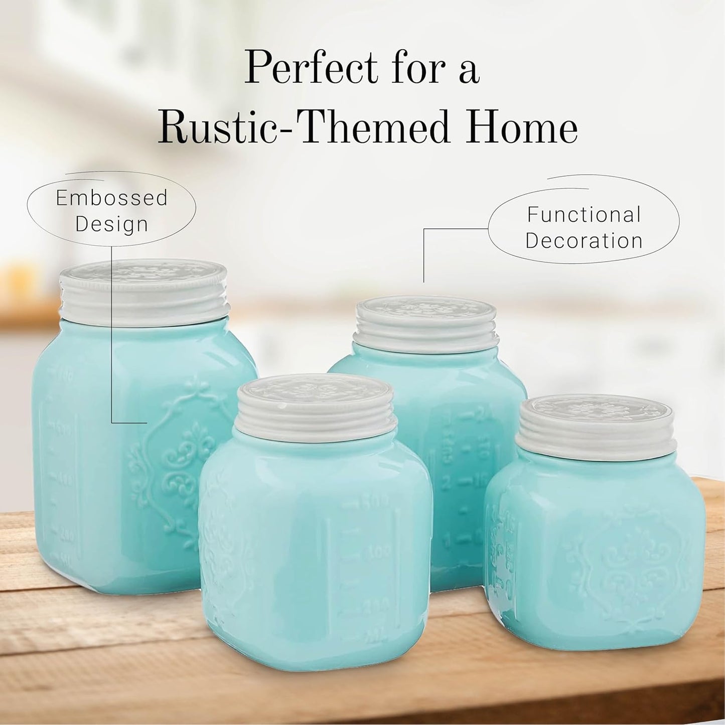 Young's Inc. 4 Pcs Set Vintage Ceramic Canisters- Storage Container for Kitchen and Bathroom - Beautiful Home Decor Accent to Store Food, Coffee, Tea, and More - Sky Blue