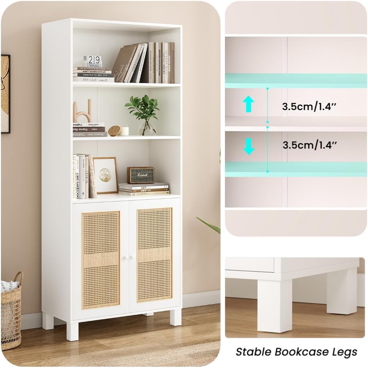 Tall Bookshelf, 5-Tier Book Shelf with 2 Rattan Doors, Freestanding Bookcase Display Shelves with Large Storage, Book Case for Living Room, Office, Study, Bedroom, 70.9 Inch