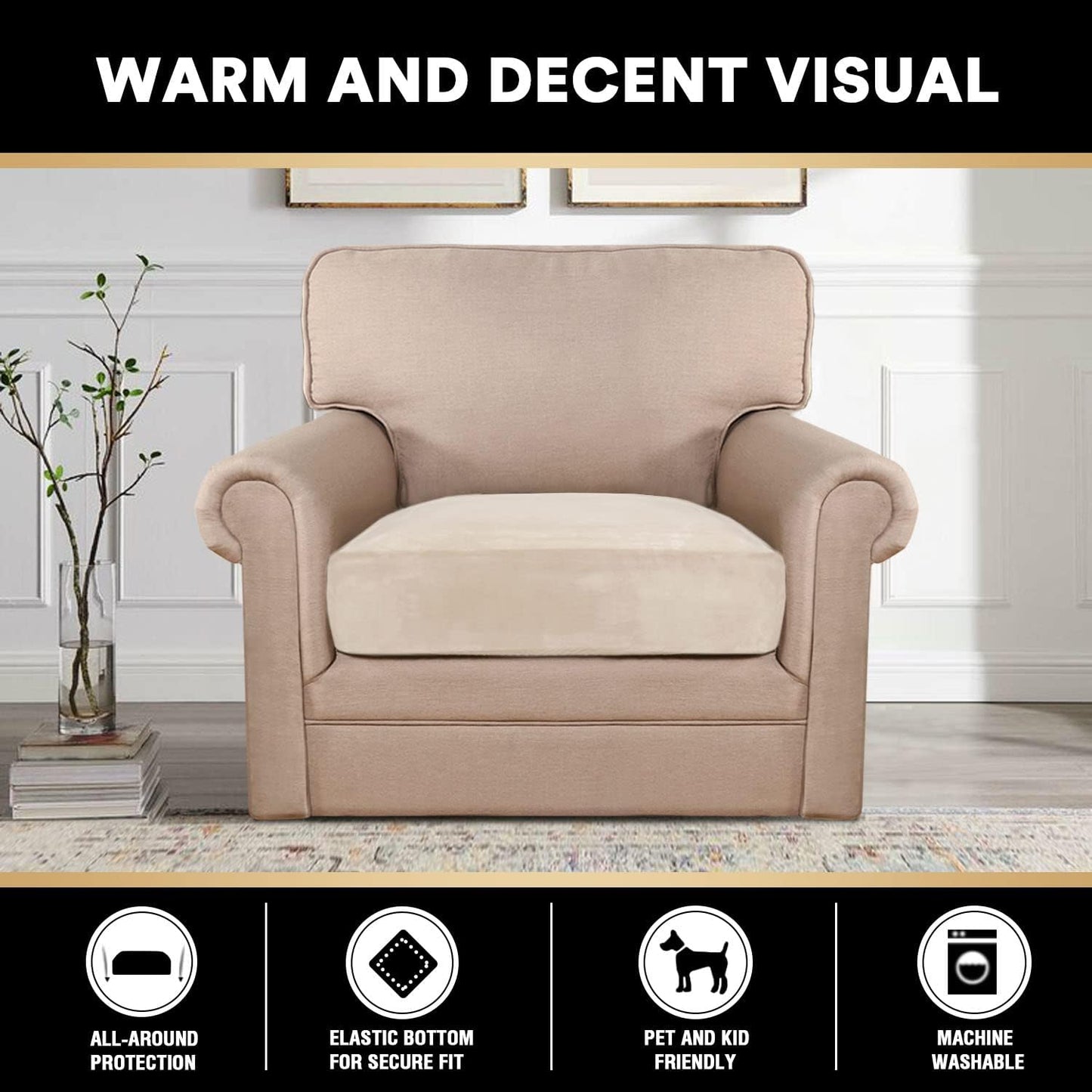 PrinceDeco Stretch Velvet Couch Cushion Cover,Soft Fitted Cushion Slipcover for Chair Cushion Furniture Protector Seat Cushion Sofa Cover Width Up to 29.5", Ivory