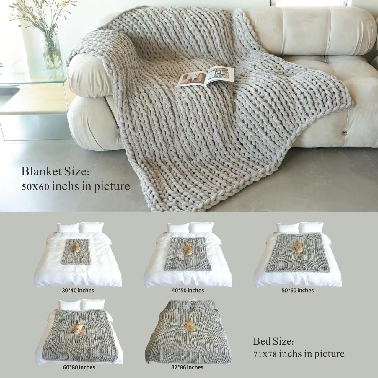 Maetoow Chenille Chunky Knit Blanket Throw （50×60 Inch）, Handmade Warm & Cozy Blanket Couch, Bed, Home Decor, Soft Breathable Fleece Banket, Christmas Thick and Giant Yarn Throws, Khaki