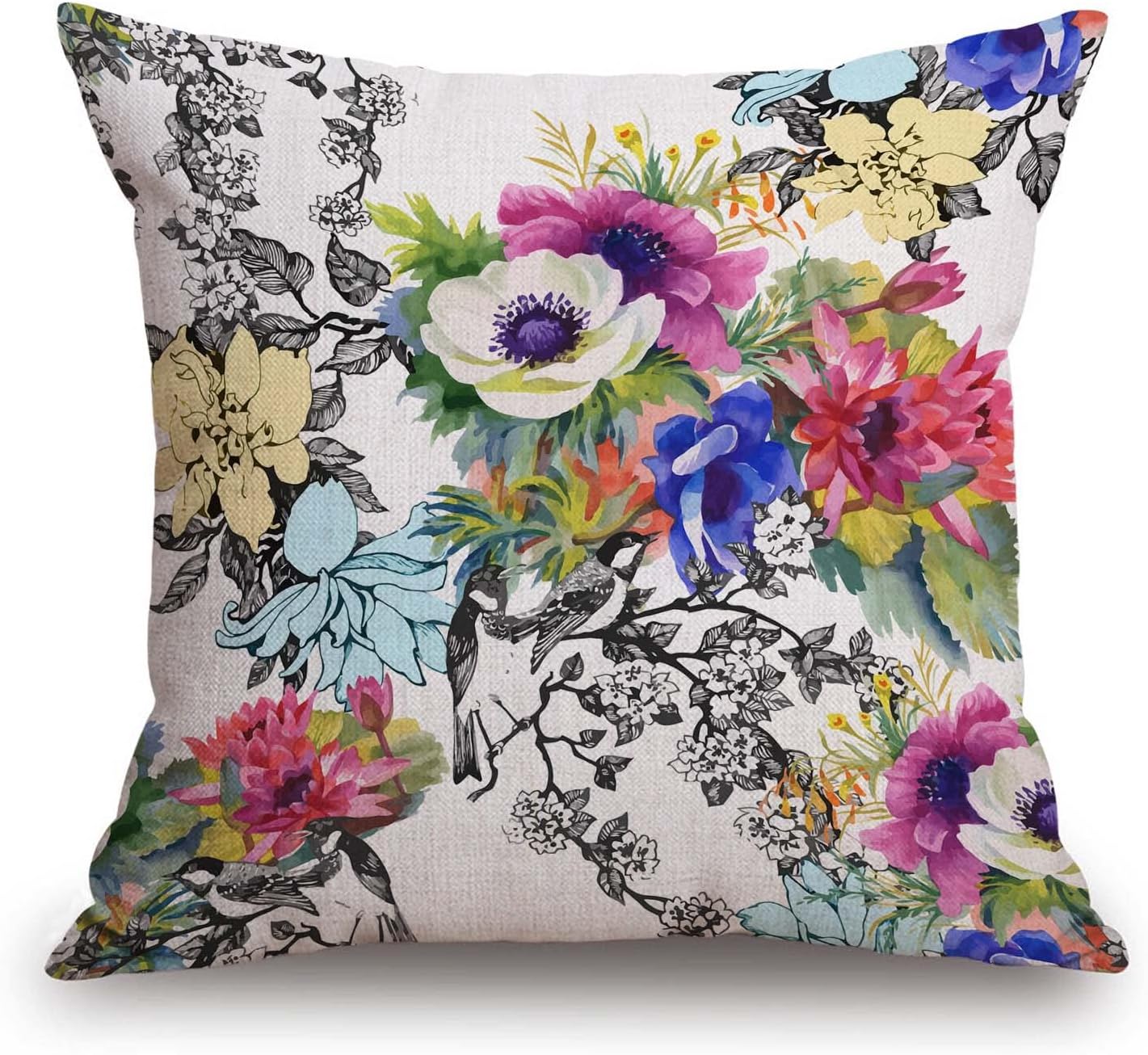 TSSOHU Throw Pillow Cover Vivid Colorful Garden Print Blossoming Wildflowers Birds Leaves Branches Decorative Throw Pillow Case Square 18" x 18" Home Couch Bed Pillowcase