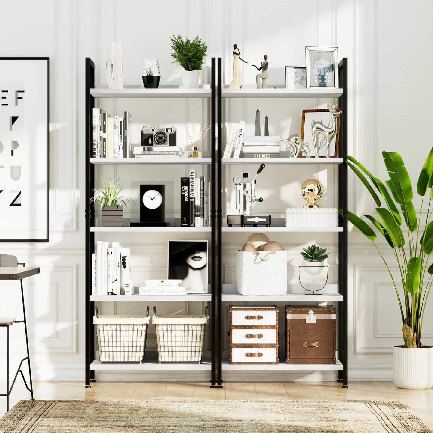 NUMENN Bookshelf, 5 Tier Bookshelves, Home Office Bookcase Shelf Storage Organizer, Free Standing Storage Shelving Unit for Bedroom, Living Room and Home Office, White&Black