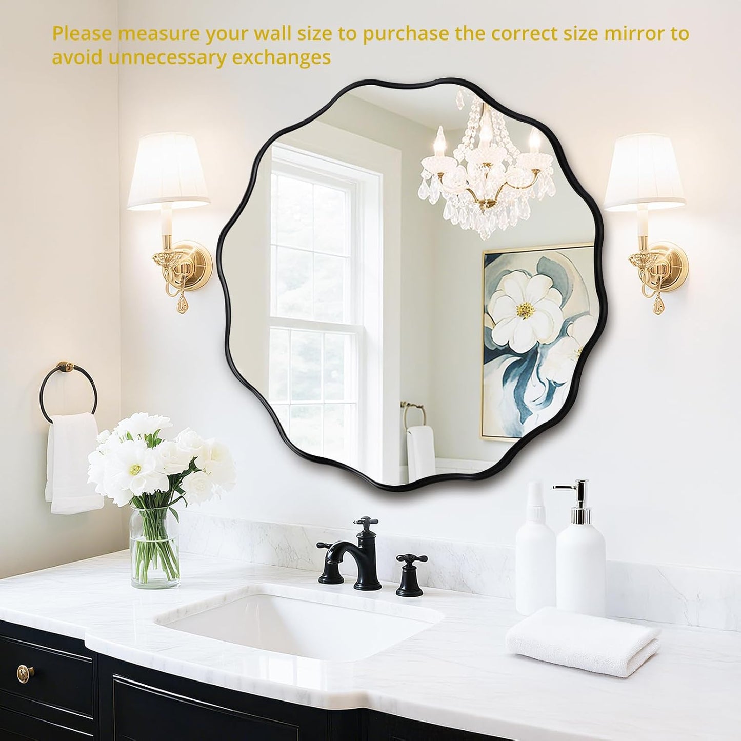 Fabuady Black Round Wavy Edge Mirror - 30'' Circle Wall Mirror with Metal Frame, Decorative Hanging/Leaning Mirror for Bathroom, Bedroom, Living Room, Hallway, Entryway, Office, Home Decor