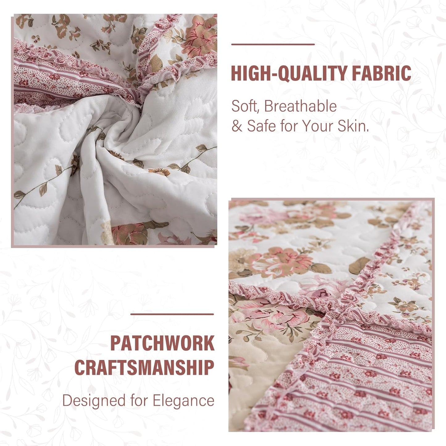 NEWLAKE Quilt Set Queen Size, Bedspread Sets Pink Botanical Floral, Reversible Quilt Bedding Set Lightweight and Breathable for All Seasons, Soft Quilted Bedspread with 2 Pillow Shams