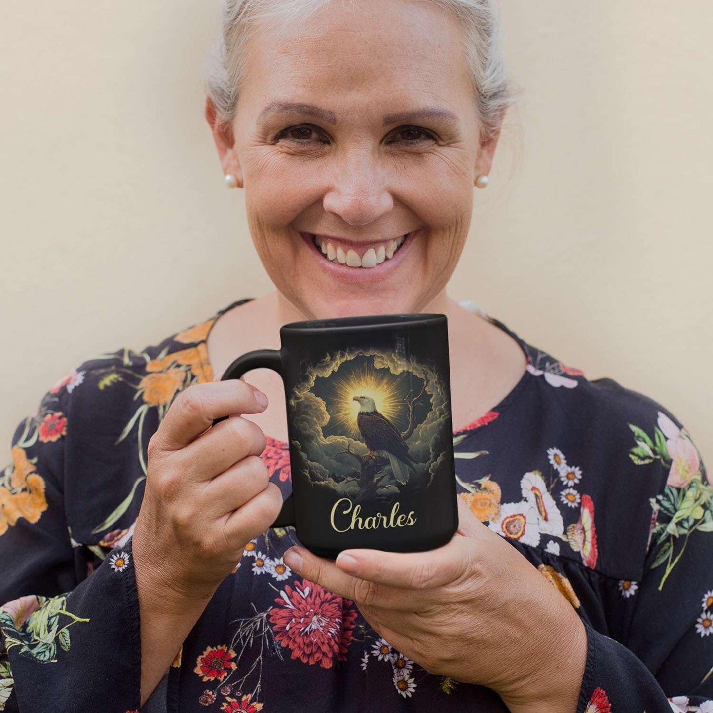 Custom Name Coffee Mug 11oz or 15oz, Unique Wildlife Art Black Cup, Personalized Eagle Ceramic Mug for Animal Lovers, Inspirational Coffee Cup with Nature Scene, Gifts for Friends