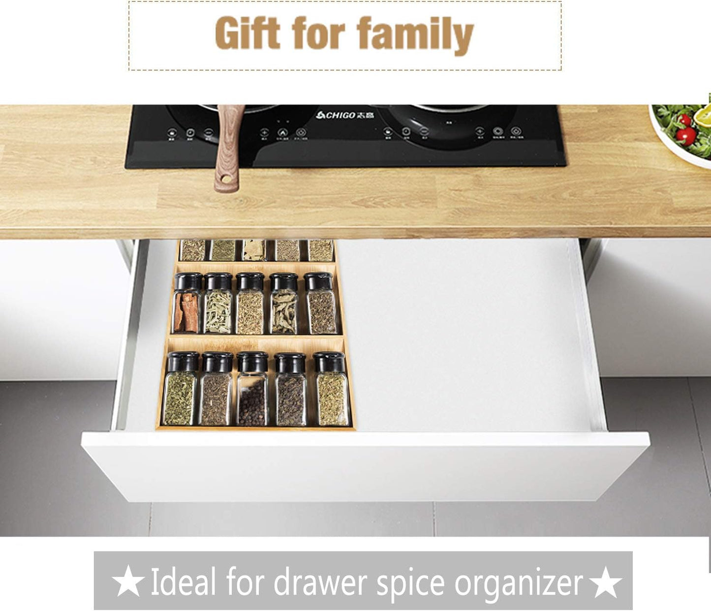 3-Tier Bamboo Drawer Spice Rack Wooden Kitchen Cabinet Spice Organizer Spice Jar Holder, Medicine/Health Care/Vitamin Bottles Storage Rack (Pre-Measure Drawer Dimensions), 1 Pack Drawer Rack