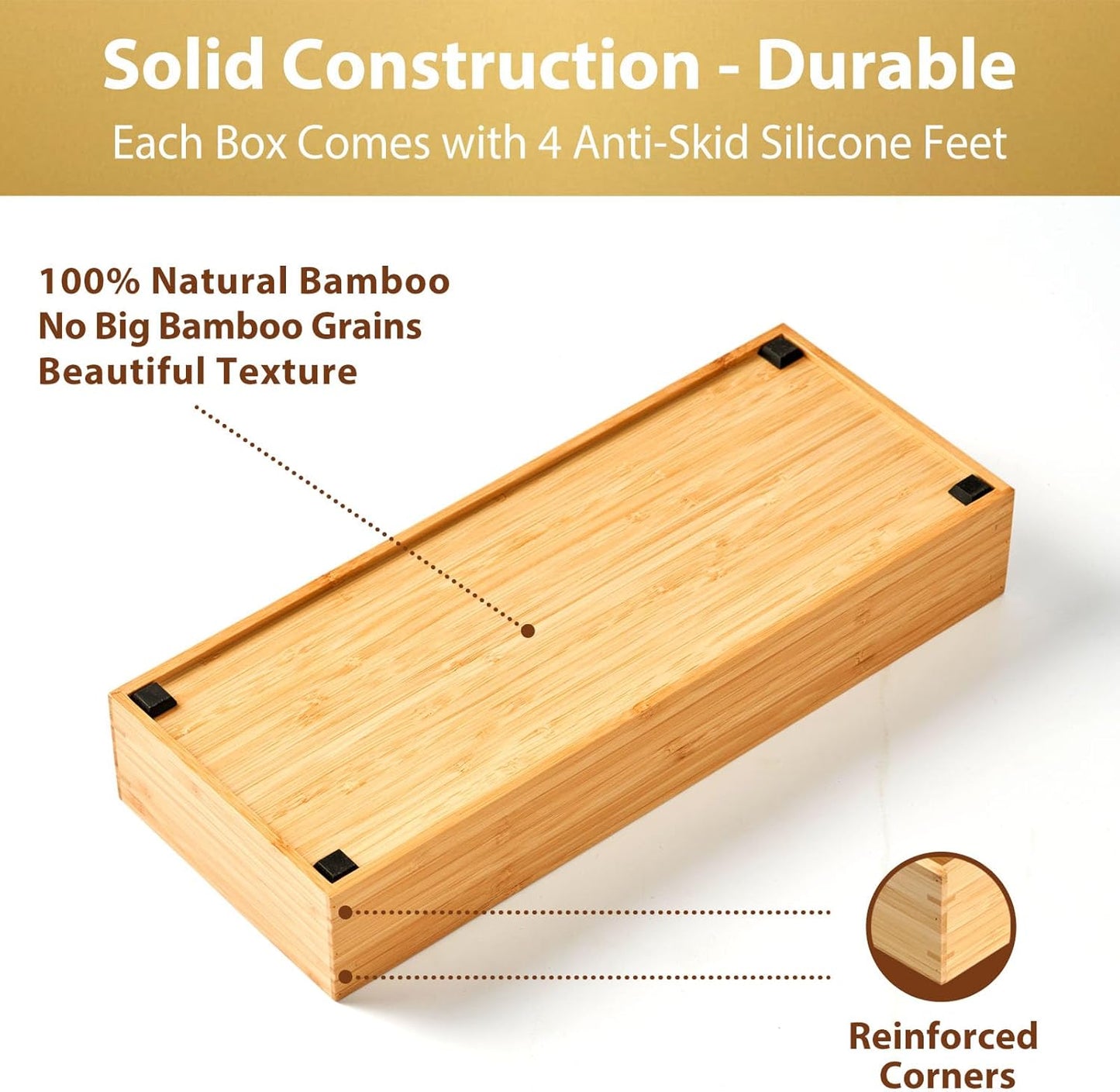 Umilife Bamboo Kitchen Drawer Organizer, Extra High Silverware Tray, Flatware Cutlery Storage Box, Multi-Use Holder in Office, Bathroom, Pantry - 12"x3"x2.5" (Set of 2)