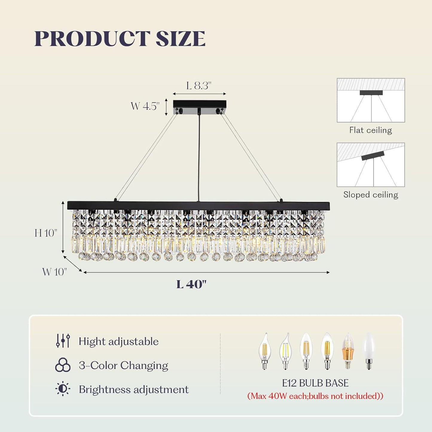 8 Light Modern Crystal Chandelier for Dining Room,Rectangular Rectangle Raindrop Crystal Light Fixture,Height Adjustable for Kitchen Island L40''xW10''xH10''