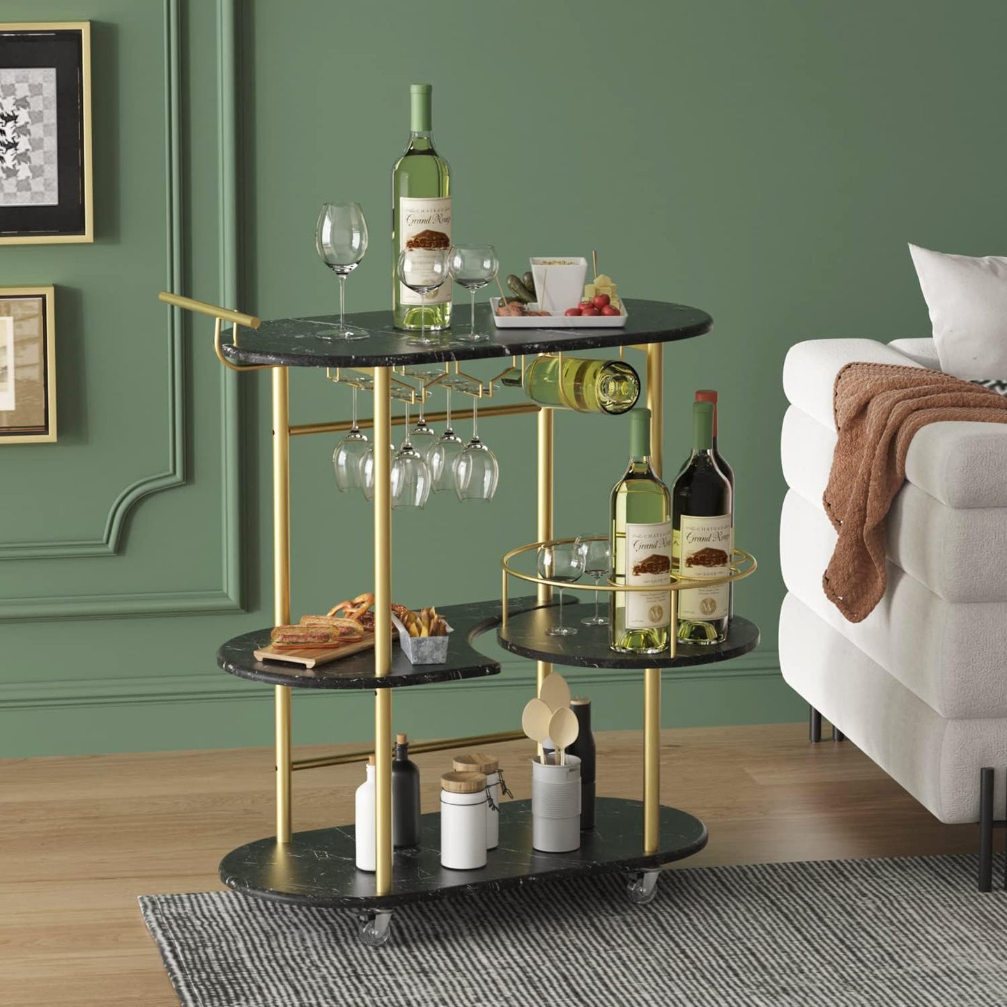 Black Bar Carts with 4-Tier Storage Shelves, Mobile Bar Serving Cart with Wine Rack and Glass Holder, for The Home, Kitchen, Living Room, Dining Room