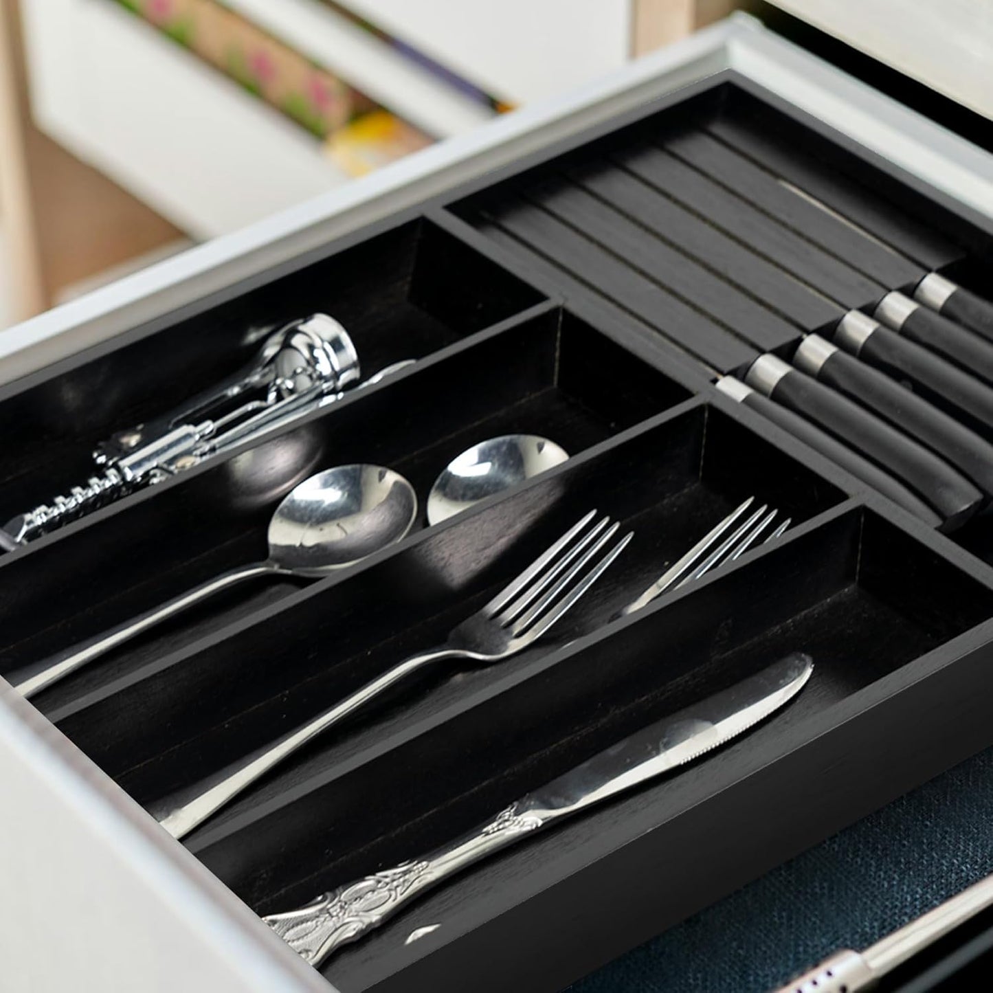 VaeFae Bamboo Silverware Organizer, Utensil Holder for Drawer, Wooden Cutlery Tray with Divider for Kitchen Drawer, Utensil Organizer with Knife Block（Black）
