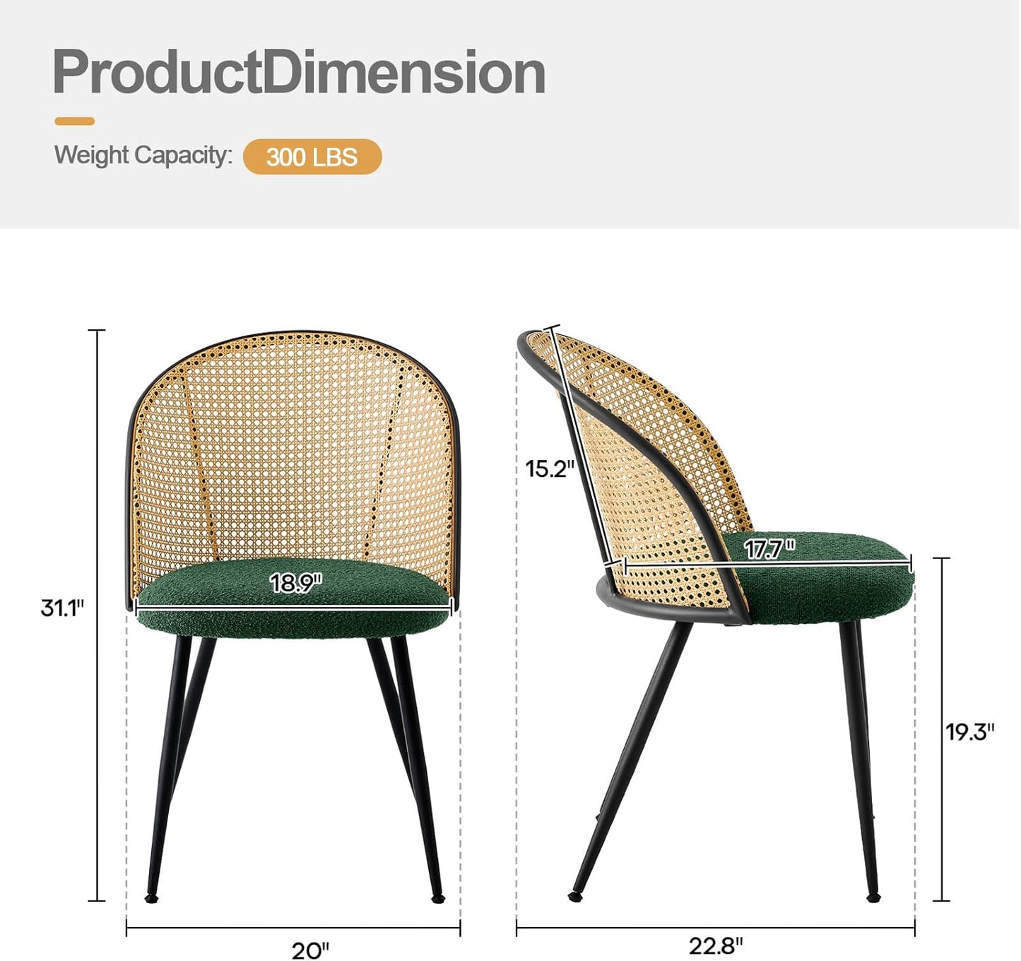 Rattan Dining Chairs Set of 4, Mid-Century Modern Kitchen Dining Room Chairs with Full Cane Backrest Armless Upholstered Farmhouse Boucle Dining Chairs with Metal Leqs for Dining Room, Green