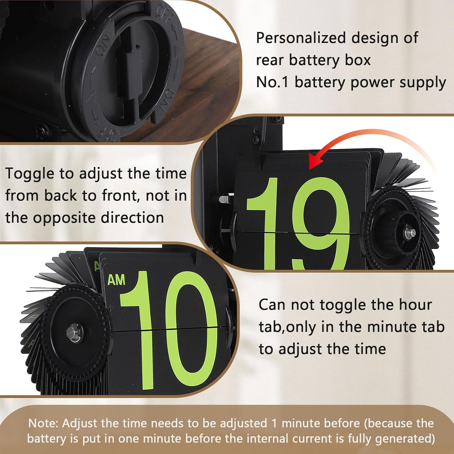 Flip Desk Clock, Retro Vintage Flip Desk Table Clock, Digital Sided Large Numbers Mechanical Flip Clock Wood Base for Living Room, Study Room and Office（Frosted Black）