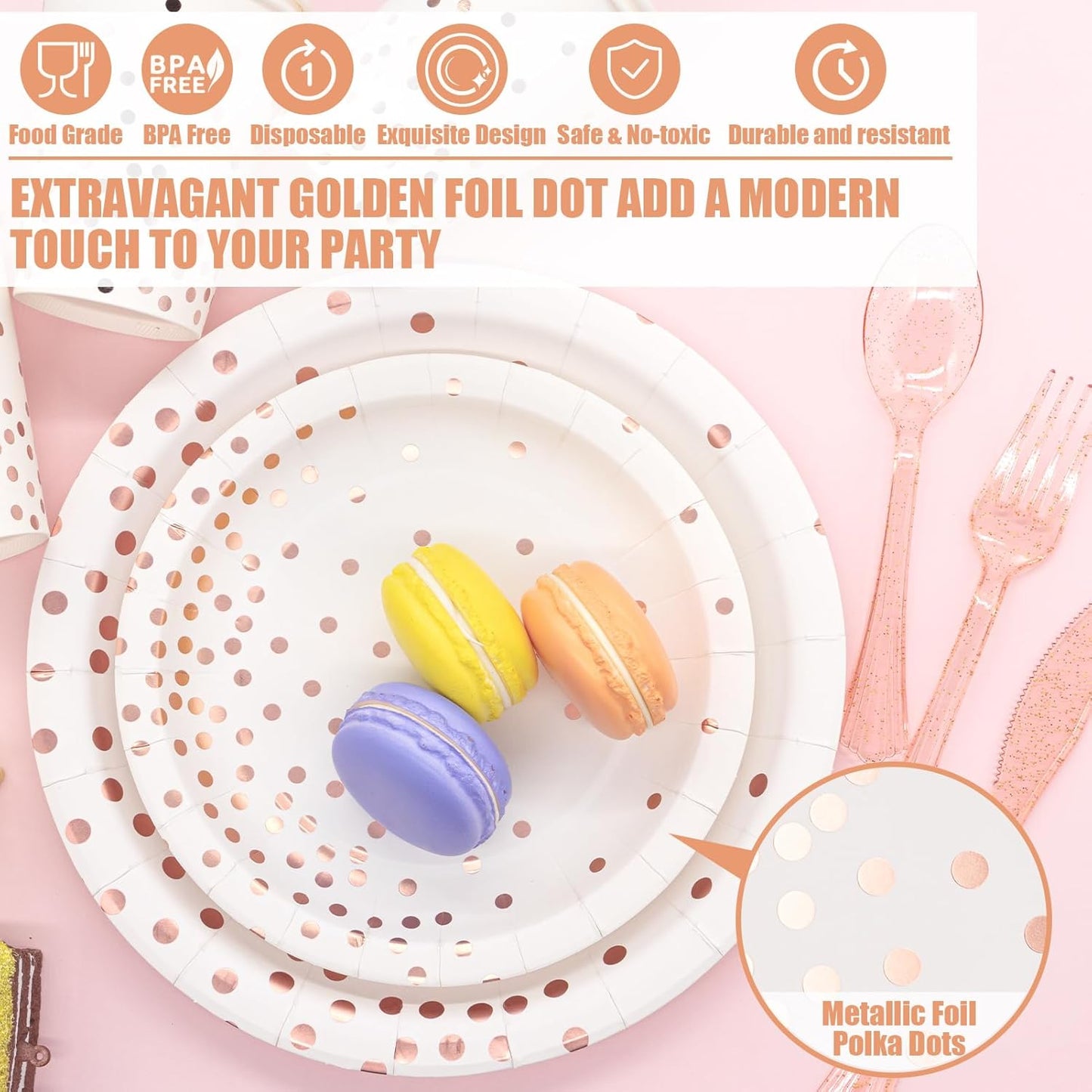 White & Rose Gold Party Supplies - 350 PCS Disposable Dinnerware Set with Paper Plates Napkins Cups, Plastic Forks Knives Spoon for Women Girls Birthday Graduation Bridal Shower Engagement Wedding