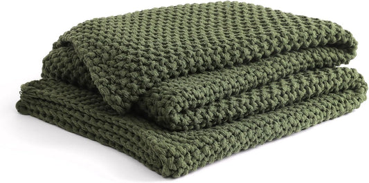 YnM Chunky Cotton Knit Throw Blanket, Cable Knit Throws for Bed Couch Sofa, Comfy & Relaxing, Decorative Piece for Farmhouse Modern Boho Rustic Scandinavian Chic Vibe, Pine Green 50x60 Inches