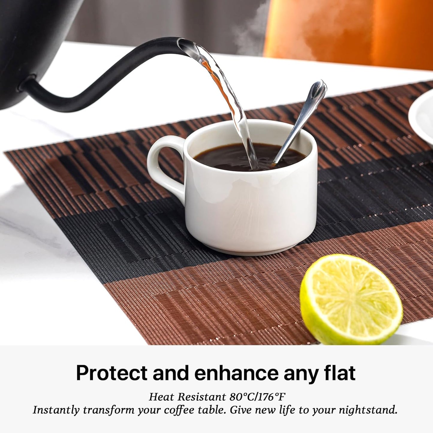 LEXMORE Placemats Set of 4 Vinyl/Plastic Woven Place Mats for Kitchen Table Indoor/Outdoor Washable Placemat Wipeable Dining Table Mats(Ombre Brown Black)