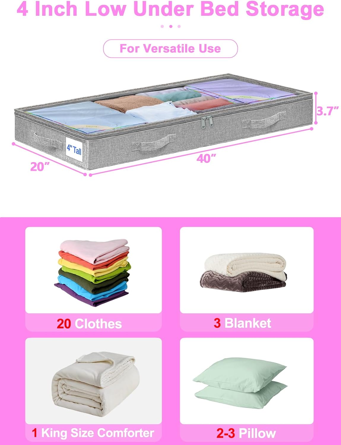 punemi Under Bed Storage Containers, Below 4 Inches Tall Low Profile Underbed Storage, NO STRUCTURE, Soft Foldable Underbed Cloth Storage Bags, Zipper Blanket Storage Container, 2Pack, 20x40x3.7in