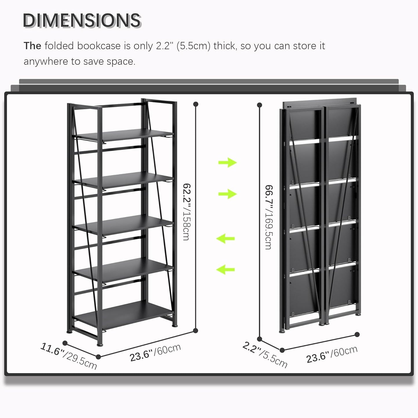 4NM No Assembly Foldable Bookshelf, 5-Shelf Collapsible Bookcase Storage for Small Spaces, 62.2" H, All Black