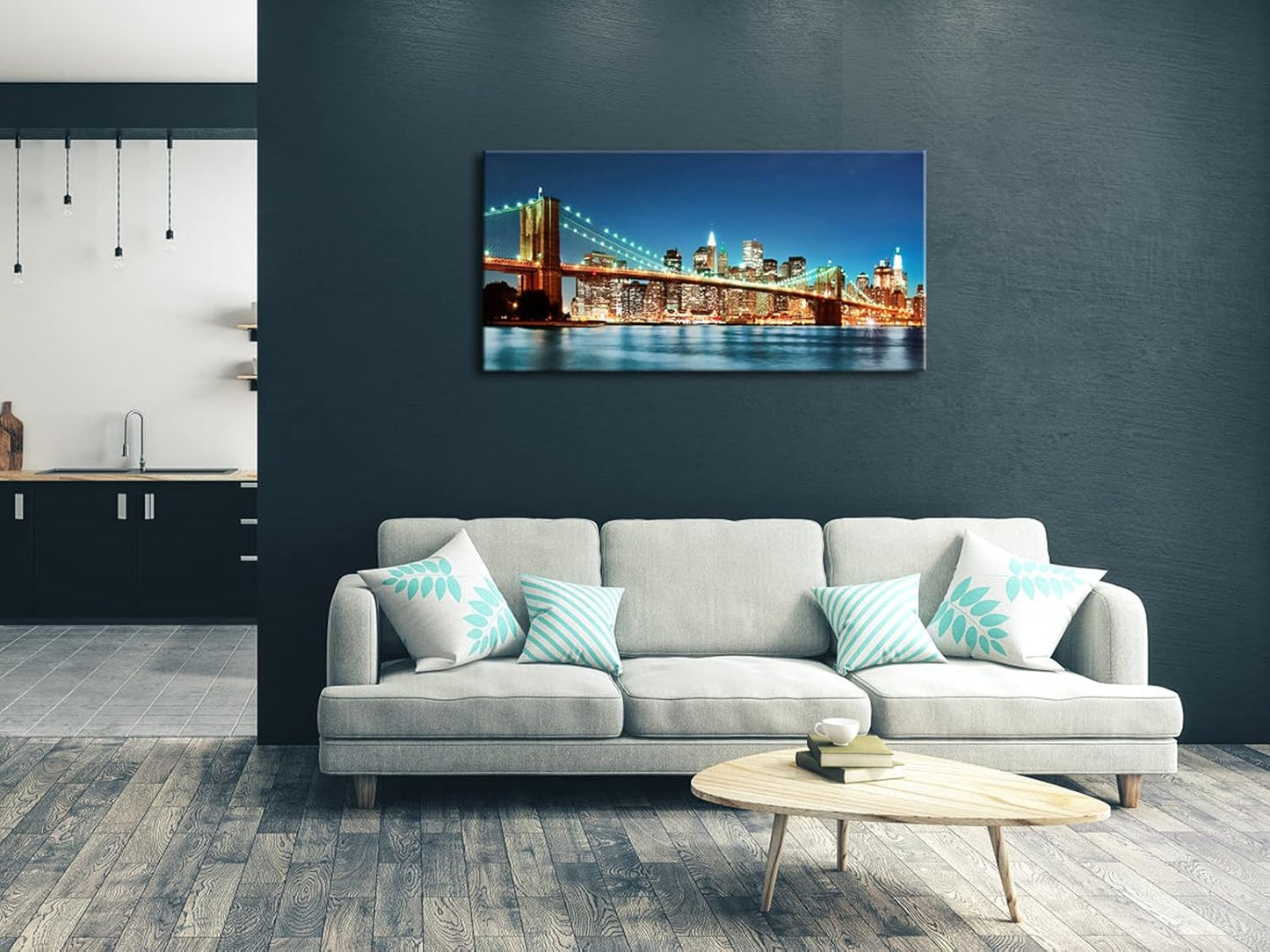Pyradecor Large Modern New York Cityscape Canvas Wall Art Brooklyn Bridge Night View Canvas Prints Stretched Landscape Pictures Paintings Artwork for Living Room Home Decorations L