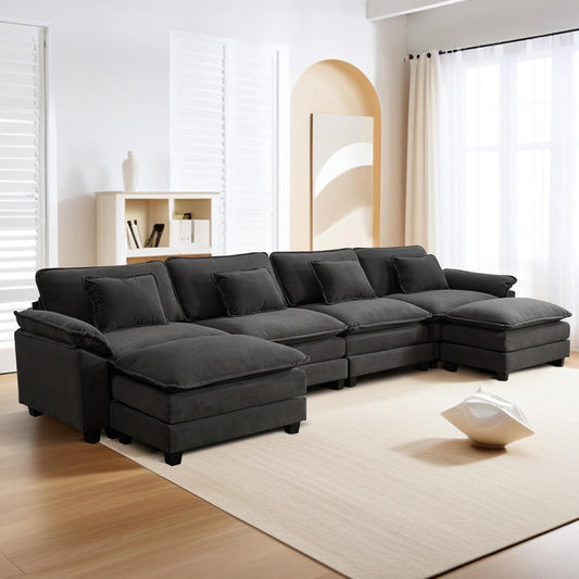 URRED Modular Sectional Sofa Comfy Cloud Couch, Modern Velvet Sofa Sleeper Deep Seat Couches with Ottoman/Pillows for Living Room (Dark Gray, 154'' - U Shape)