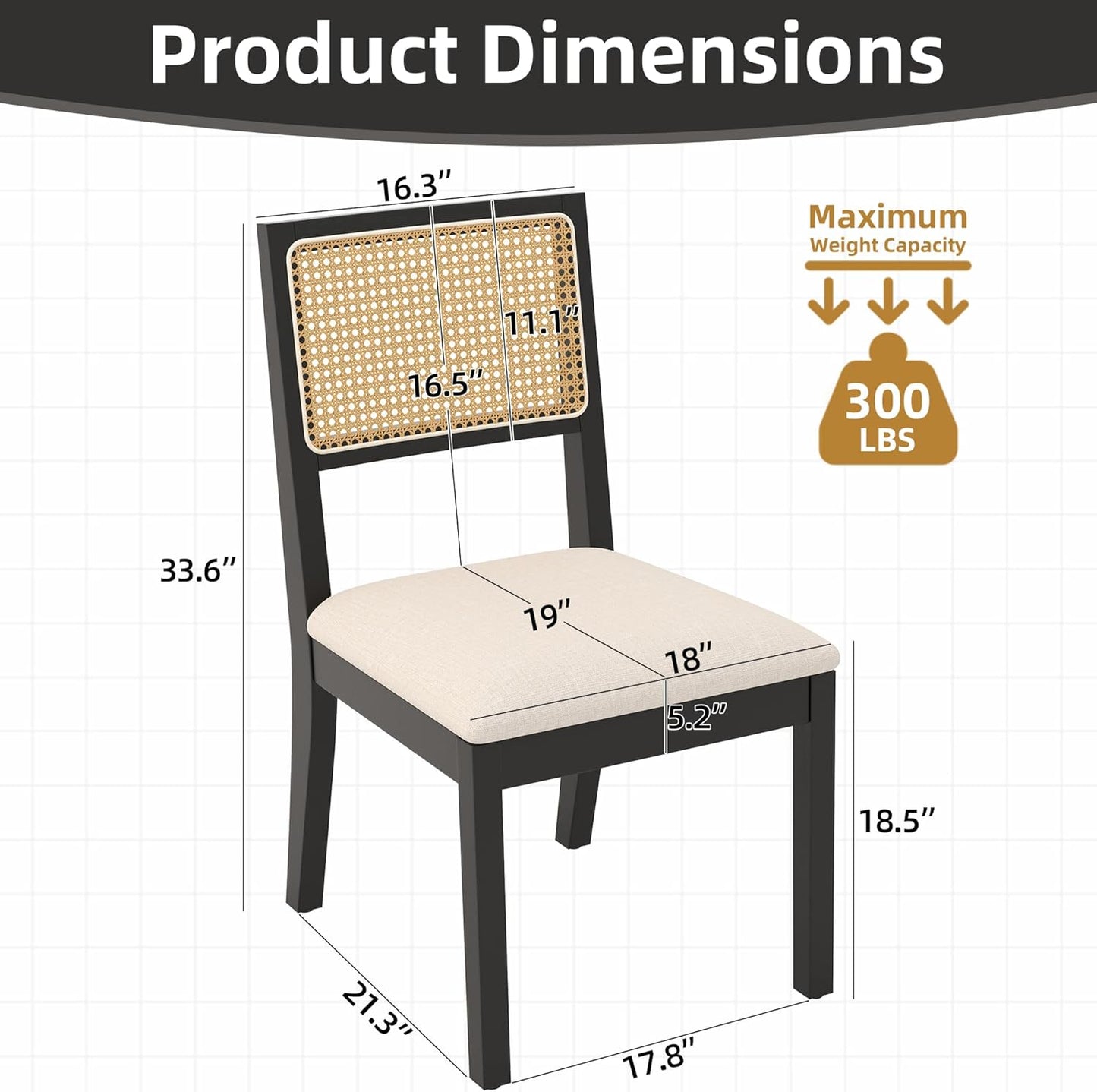 Westice Rattan Dining Chairs Set of 2, Farmhouse Natural Dining Room Chairs with Upholstered Cushion, Wood Armless Chairs for Kitchen/Restaurant, Black