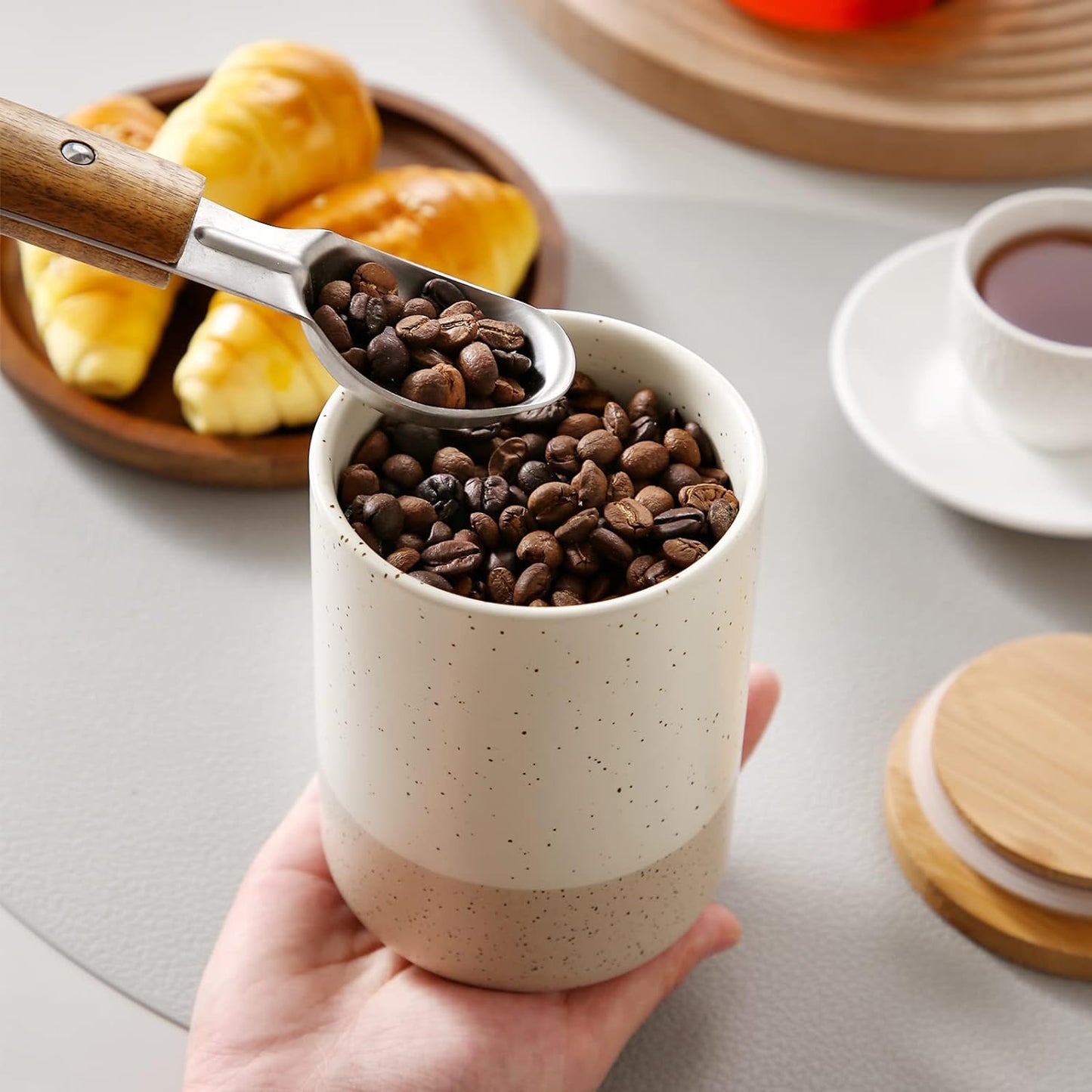 vancasso Sabine Small Ceramic Canister with Airtight Wood Lid - 18 oz Kitchen Storage for Coffee, Sugar, Tea & Spices - Compact Countertop Jar