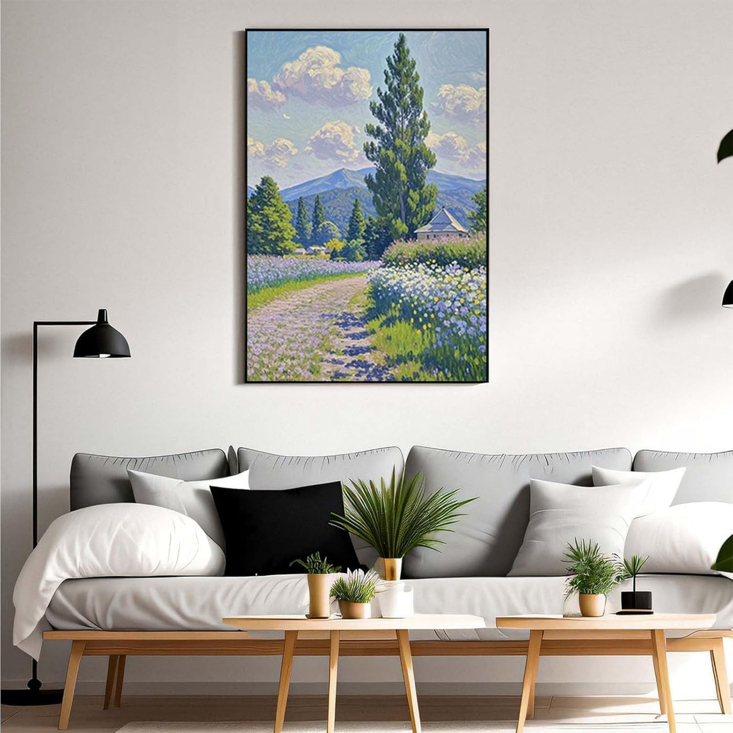 Countryside wildflowers landscape canvas poster natural plant flower artwork retro pastoral flower path suitable for farmhouse decoration