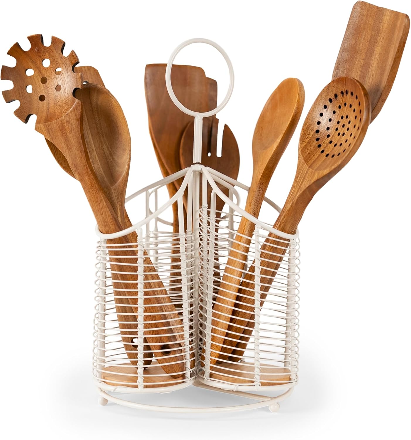 360° Rotating Kitchen Utensil Holder- 3 Compartment Organizer with Cork Bottom | Includes Premium 9-Piece Acacia Wood Utensil Set | Professional Luxury Design | Metal Utensil Crock (Matte white)
