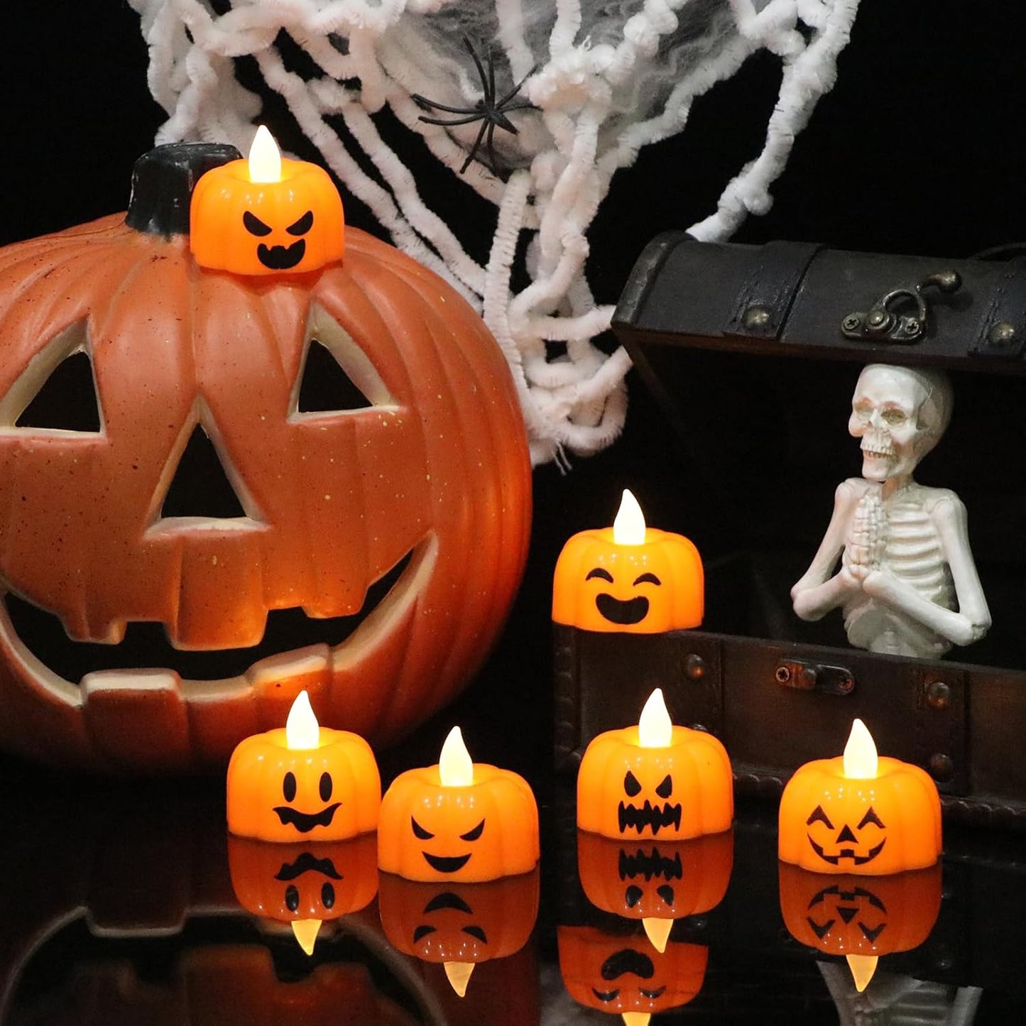 Wondise Halloween Flameless Candles, Pumpkin Battery Operated Candles with Timer, LED Flickering Votive Tealight Spooky Candles for Halloween Decorations Indoor (6 Pack, 1.9" x 1.6")