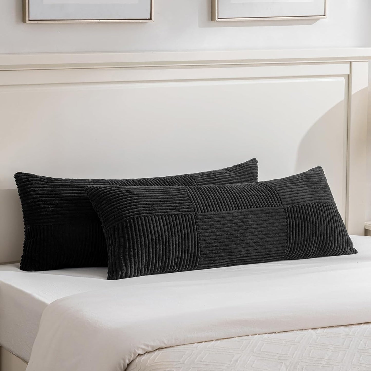 Fancy Homi Set of 2 Black Boho Long Lumbar Body Decorative Throw Pillow Cover 14x36 Inch for Bed Couch Bedroom Bench, Soft Patchwork Corduroy Textured Pillow Case, Rustic Farmhouse Room Décor