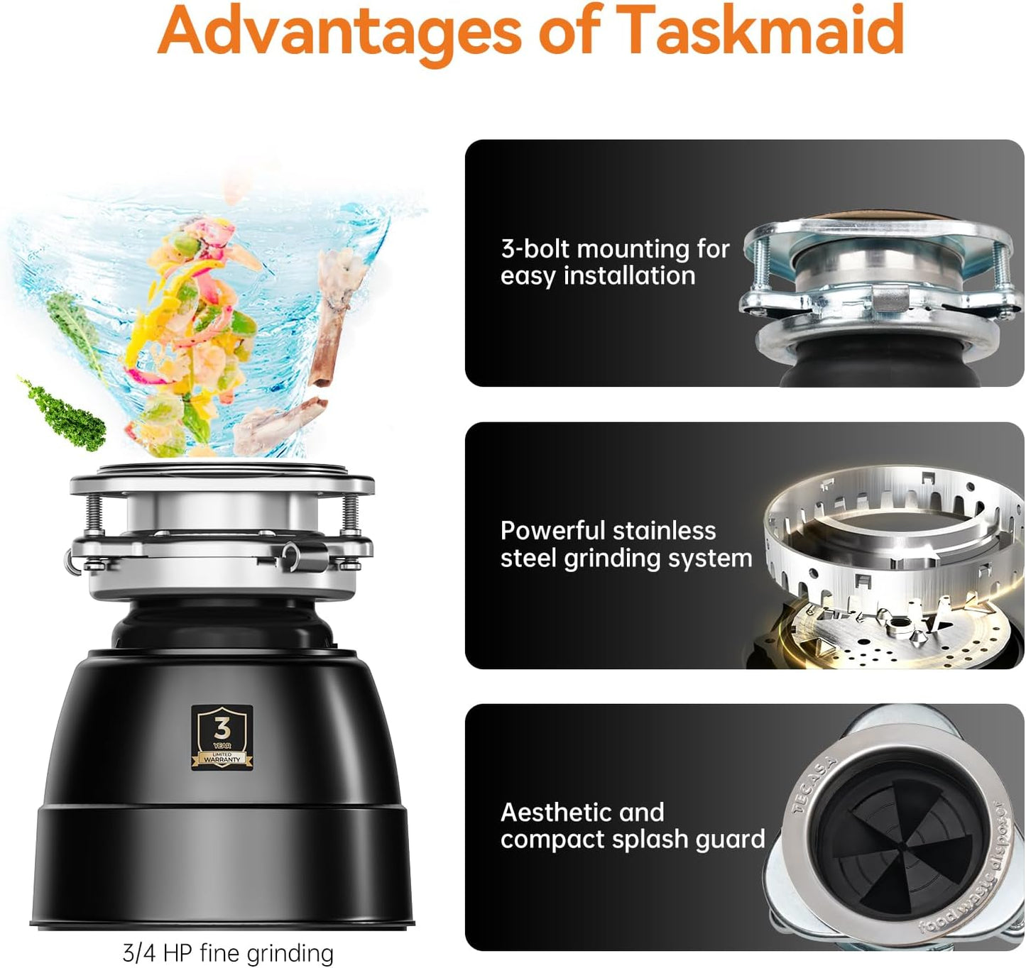3/4 HP Garbage Disposal, TECASA Food Garbage Disposal with Power Cord, Stainless Steel Grinding System and 3-Bolt Mounting, Continuous Feed Garbage Disposals, Quiet, Taskmaid Series 75